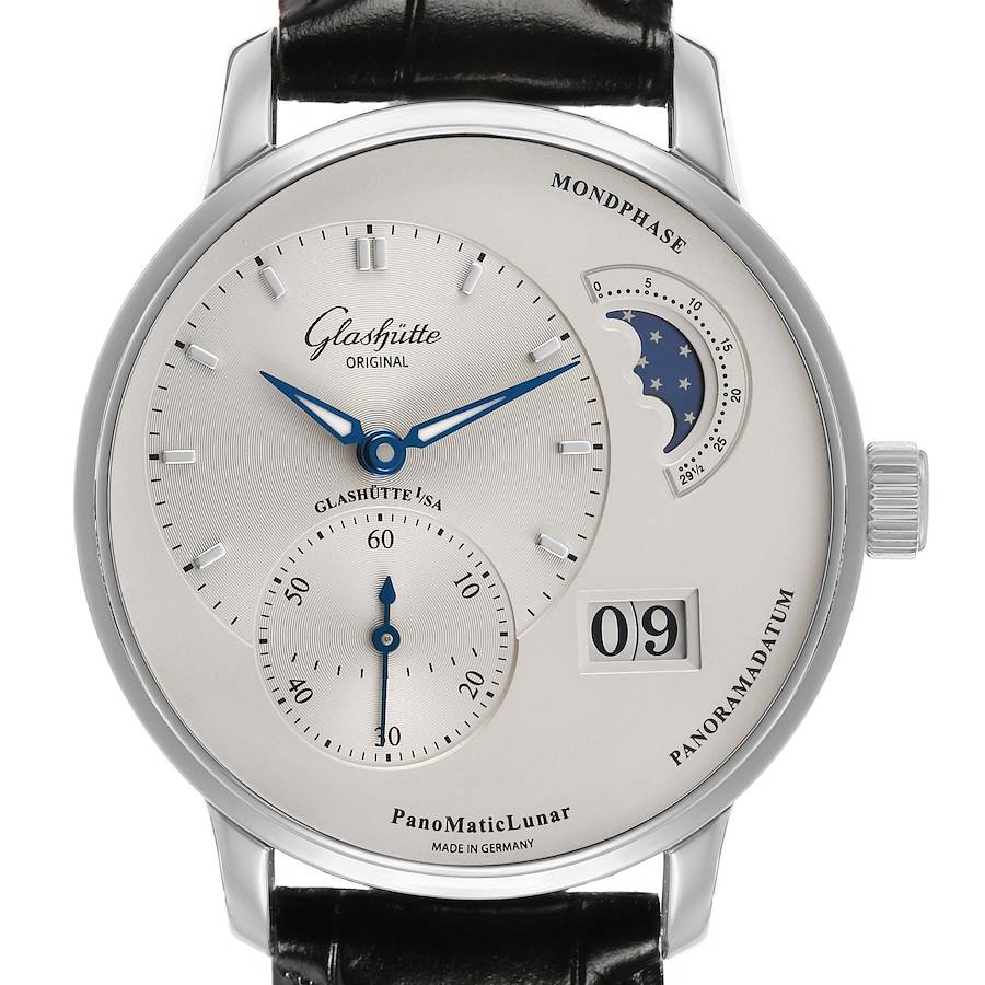 The Glashütte PanoMaticLunar watch is shown from the front, highlighting the moonphase, subdial, and panoramic date.