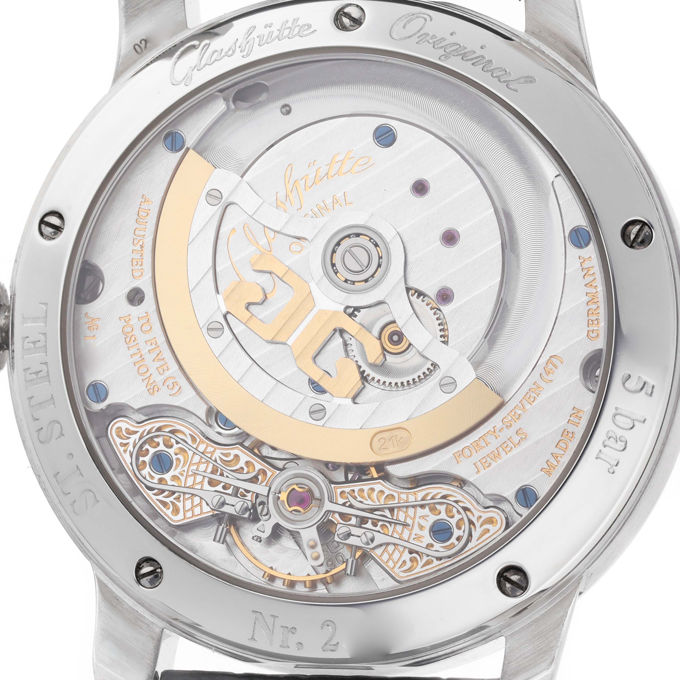 The image shows the back of the Glashütte Pano watch, highlighting its intricate movement and rotor details.