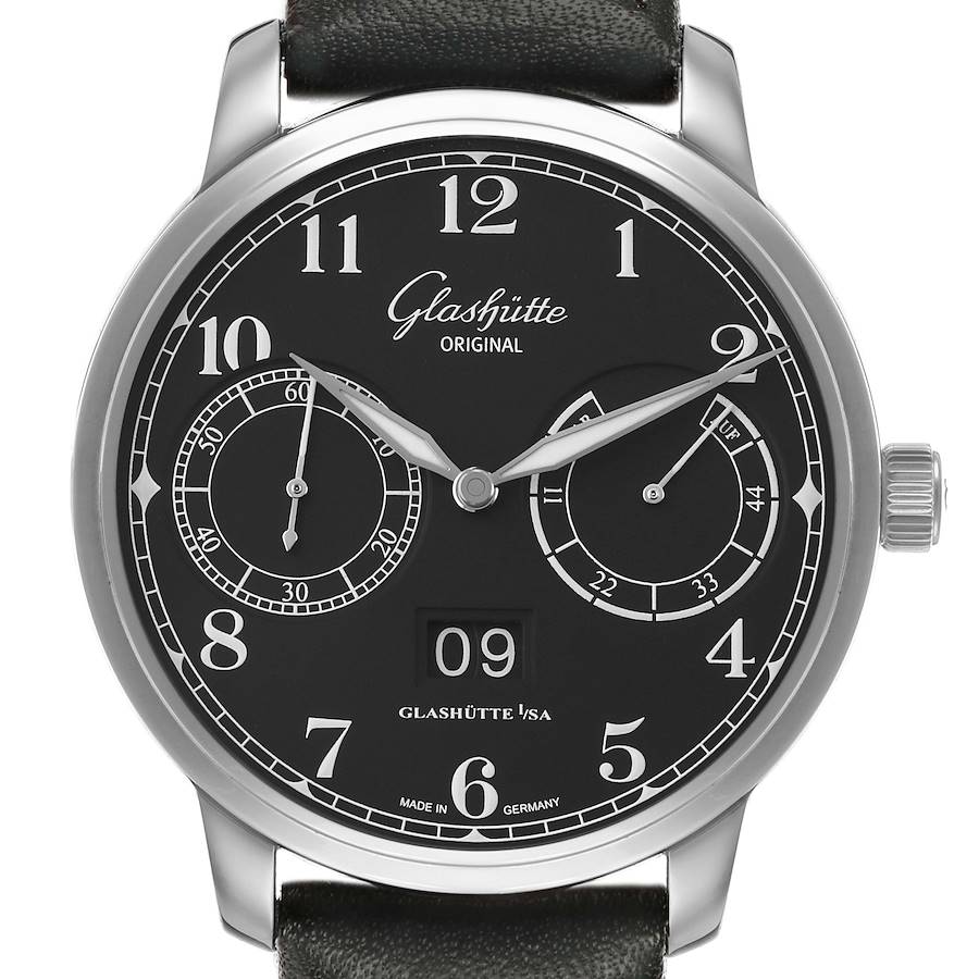 The Glashütte Senator watch is shown from the front, displaying its black dial, Arabic numerals, subdials, and date window.
