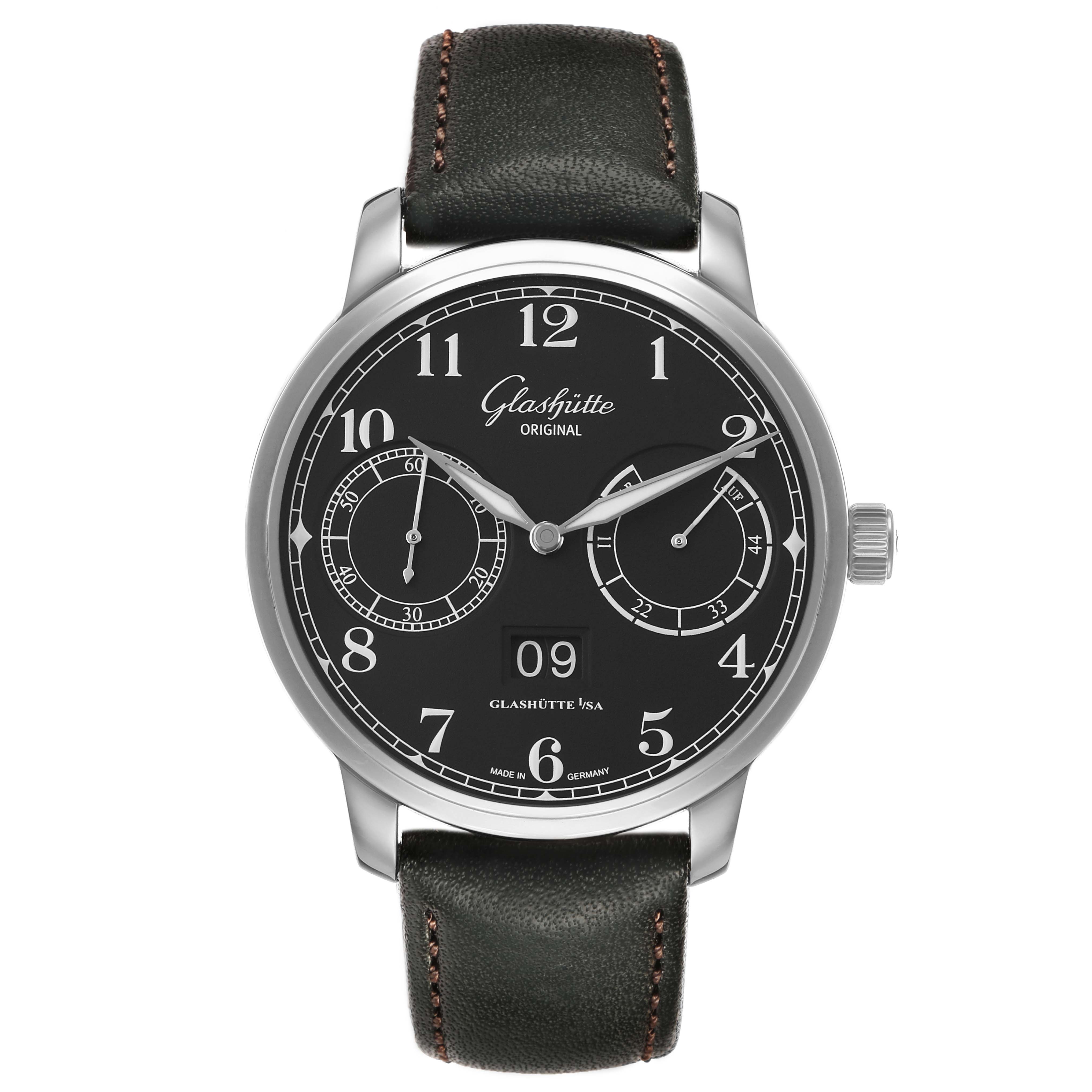 The Glashütte Senator watch is shown from the front, displaying the dial, hands, subdials, and strap.