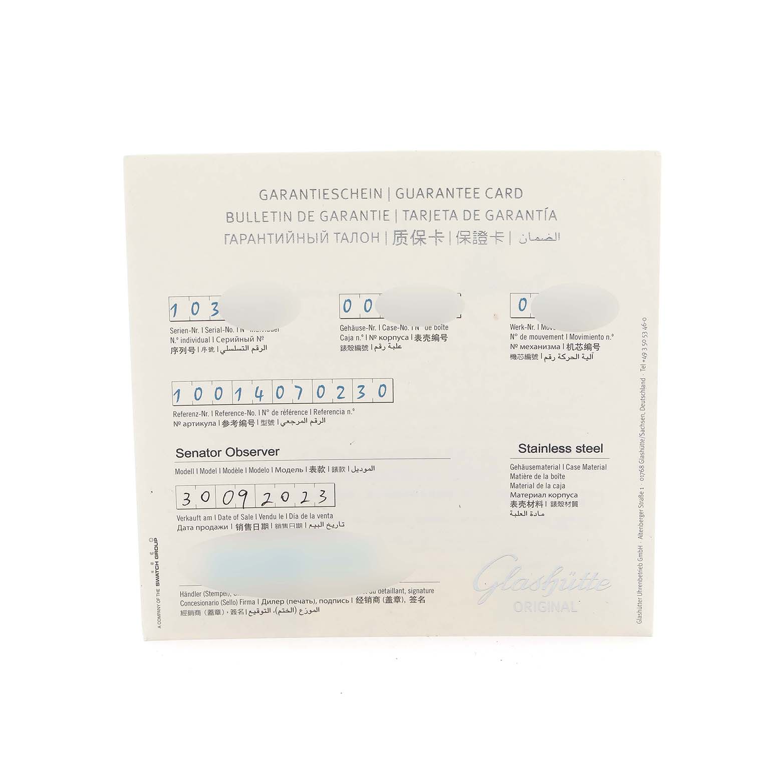The image shows a guarantee card for the Glashütte Senator model, displaying serial and reference numbers.