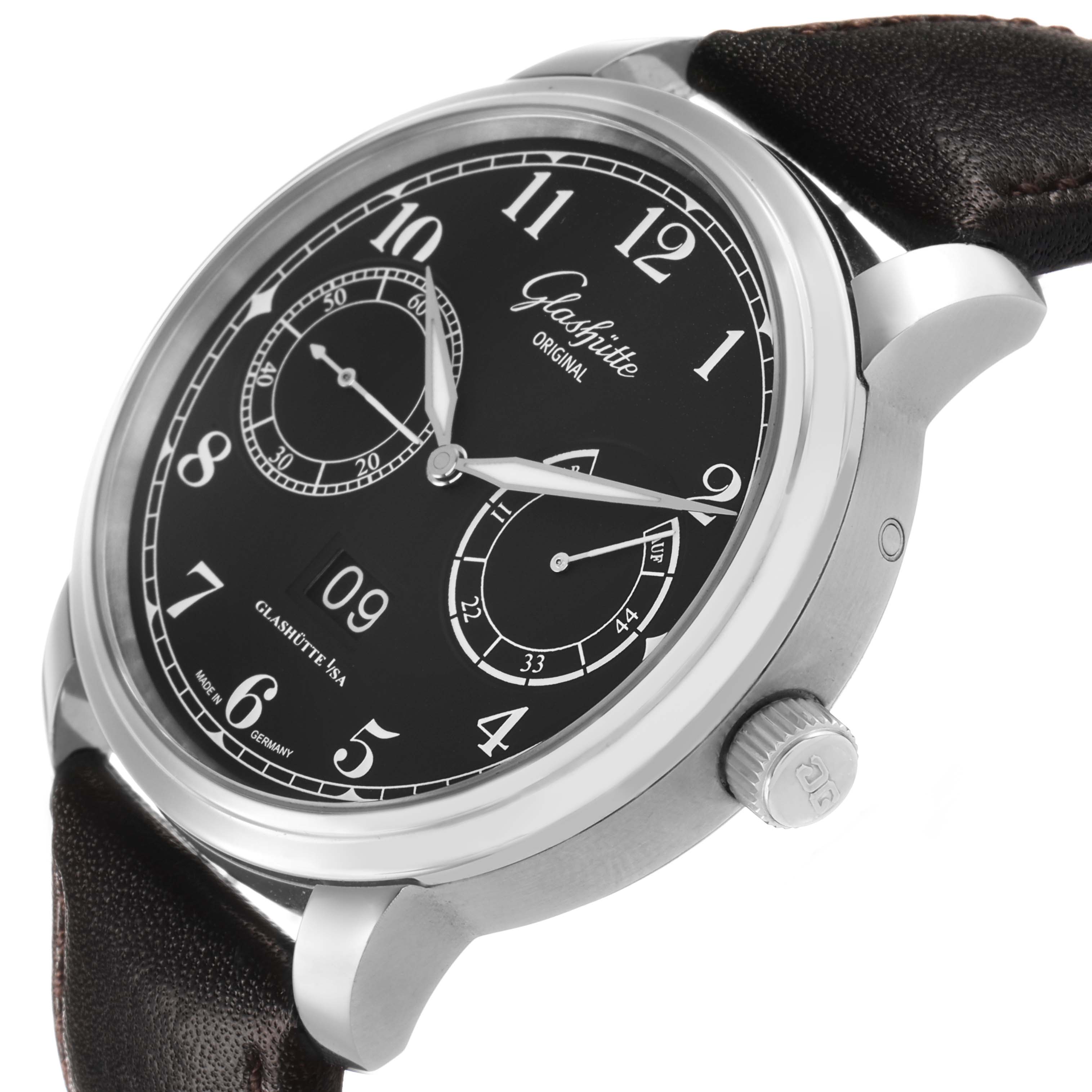 The Glashütte Senator watch is shown at a slight angle, highlighting the dial, bezel, crown, and part of the leather strap.