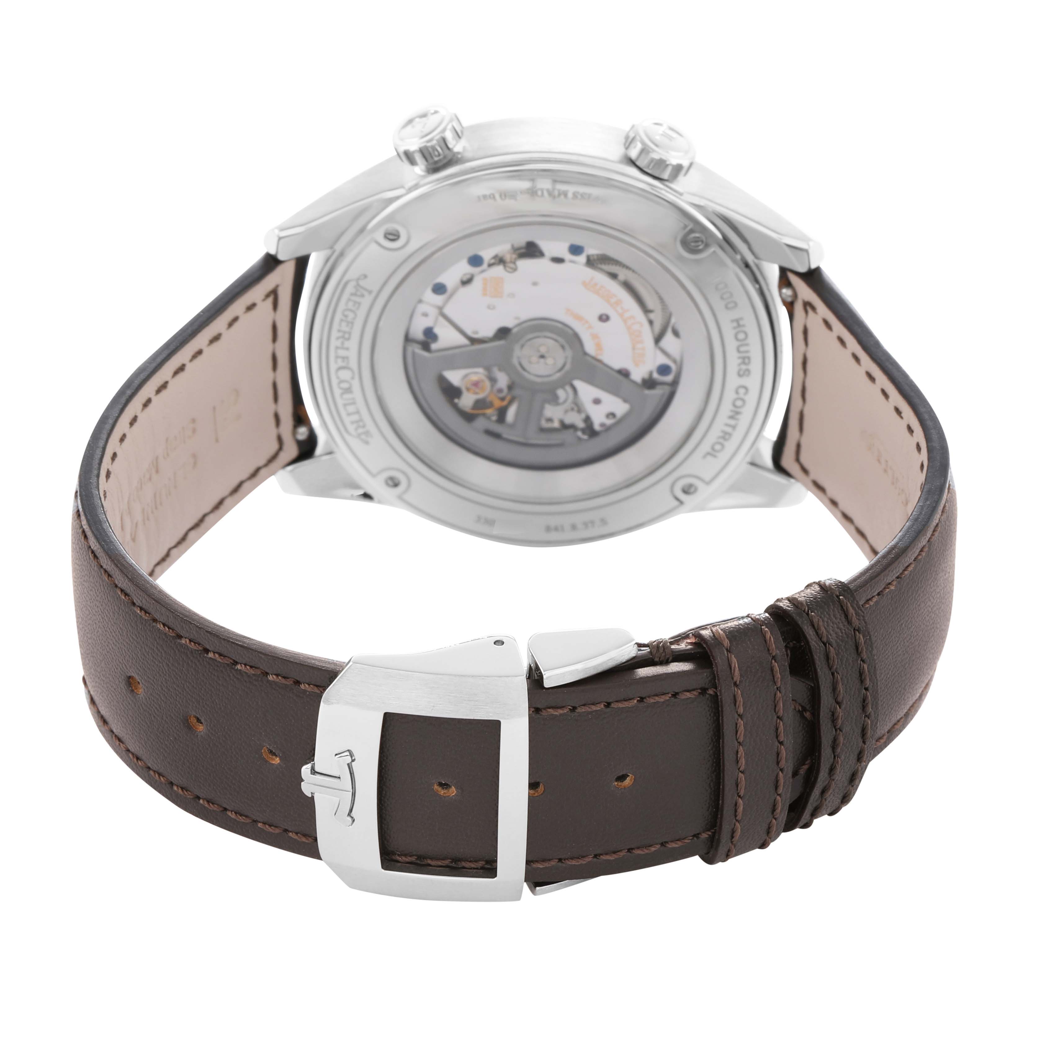 The image shows the back of the Jaeger LeCoultre Polaris Q9008480 Men's Stainless Steel Blue Dial watch, highlighting its movement and leather strap with buckle.