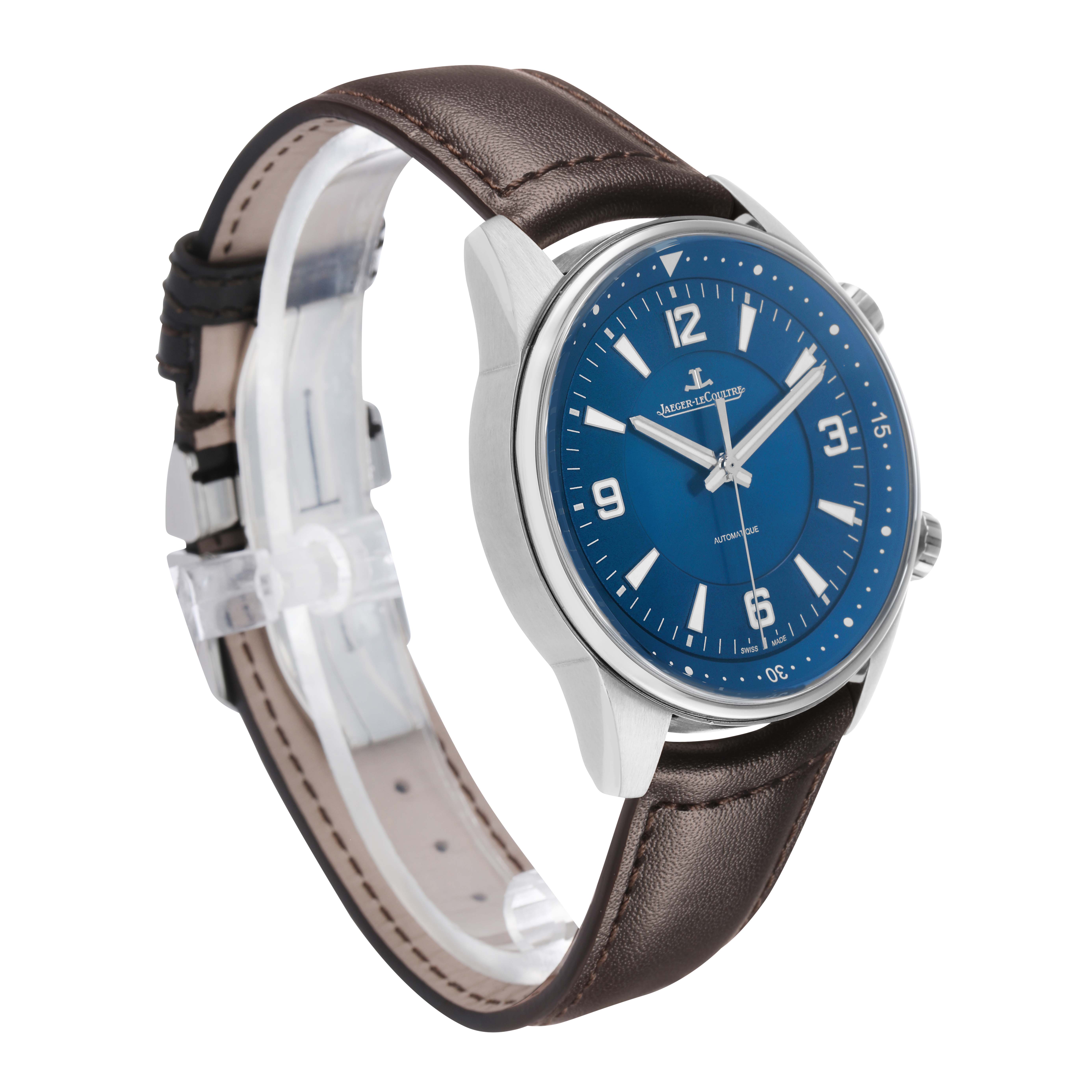 The Jaeger-LeCoultre Polaris watch is shown at a three-quarter angle, highlighting the blue dial, stainless steel case, and brown leather strap.