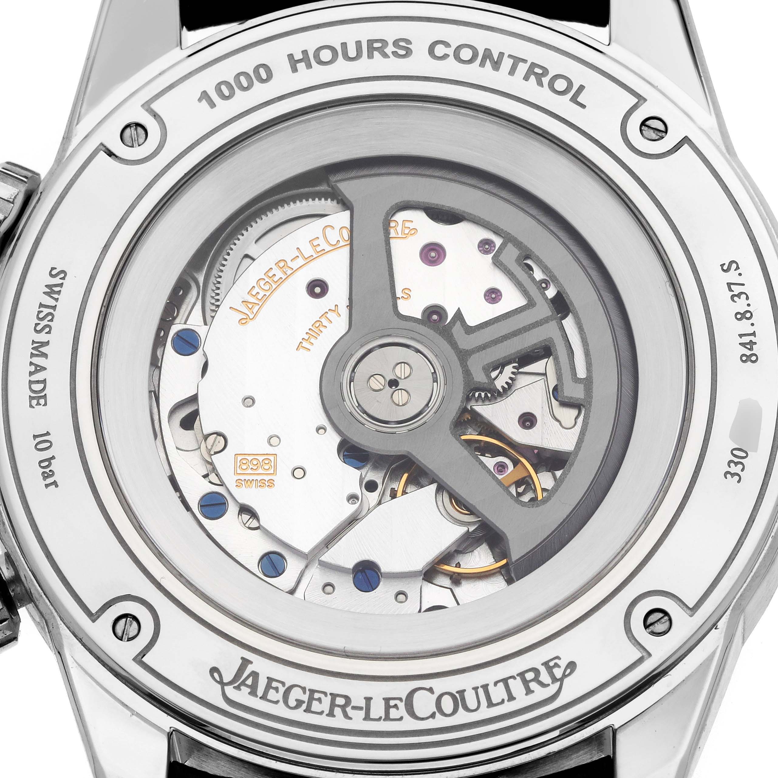 The image shows the backside of a Jaeger-LeCoultre Polaris watch, highlighting the movement and engraved details.