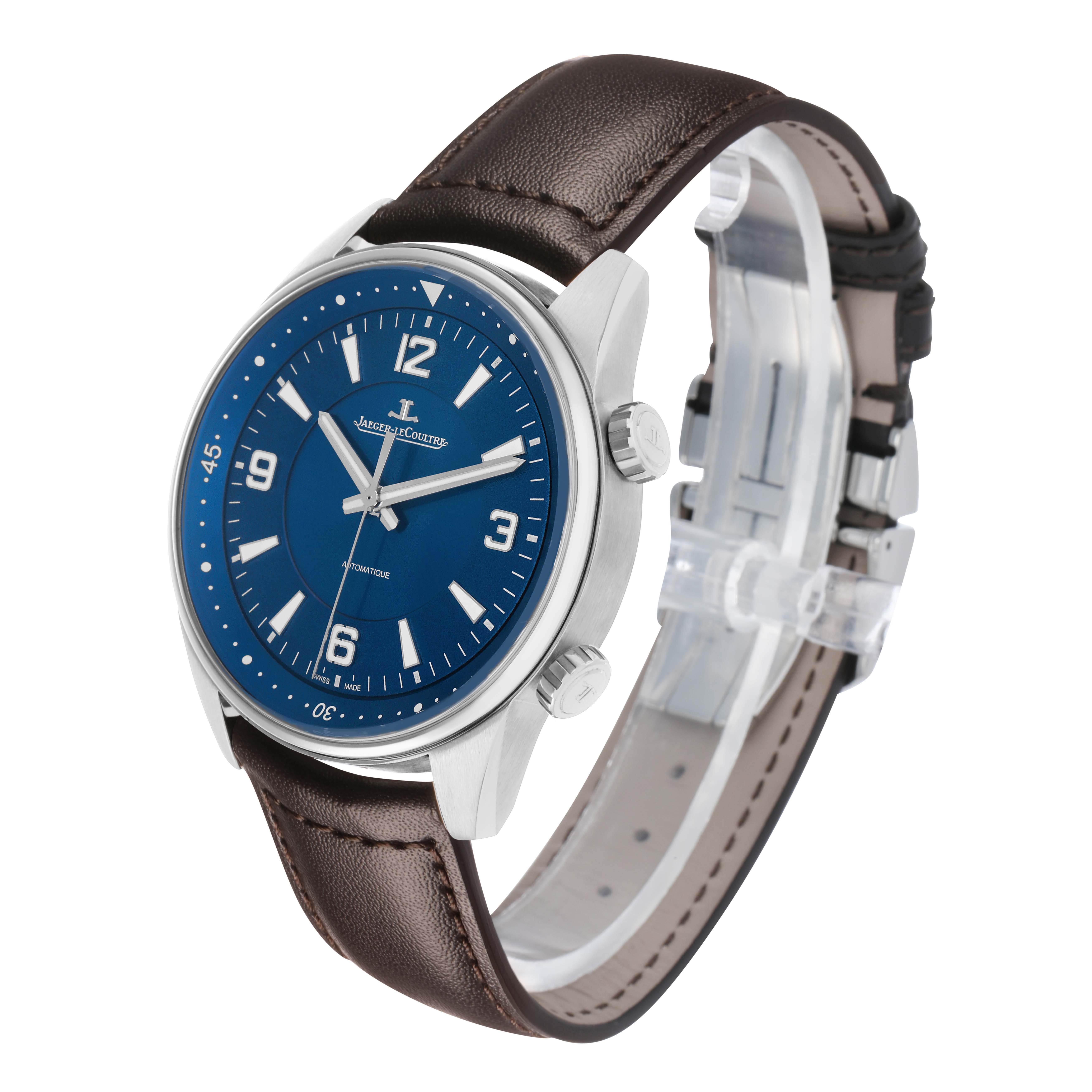 The Jaeger LeCoultre Polaris Q9008480 Men's Stainless Steel Blue Dial watch is shown at a three-quarter angle displaying the blue face, bezel, crown, and brown leather strap.