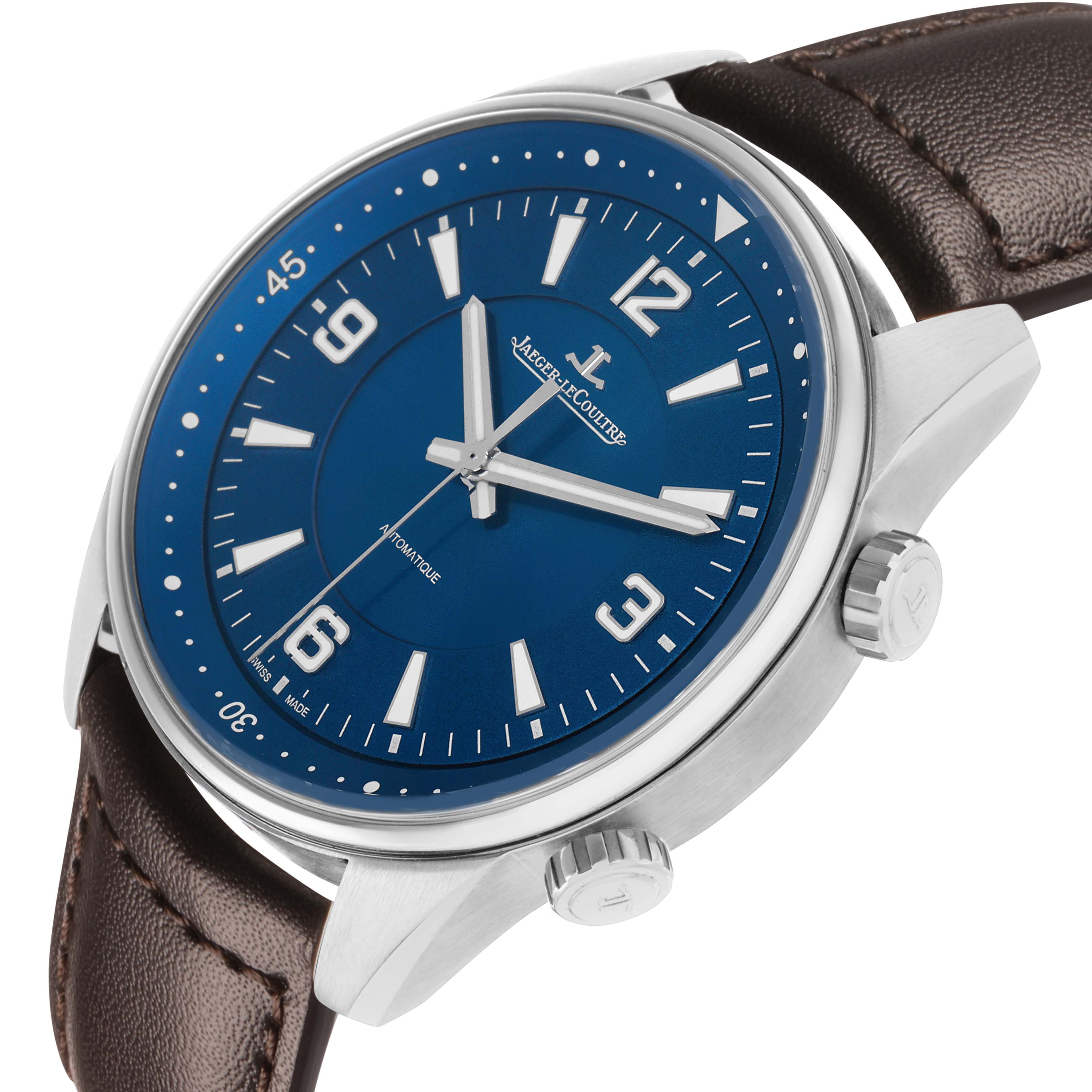 The Jaeger LeCoultre Polaris Q9008480 Men's Stainless Steel Blue Dial watch is shown at an angled side view, highlighting the blue dial, brown strap, and dual crowns.