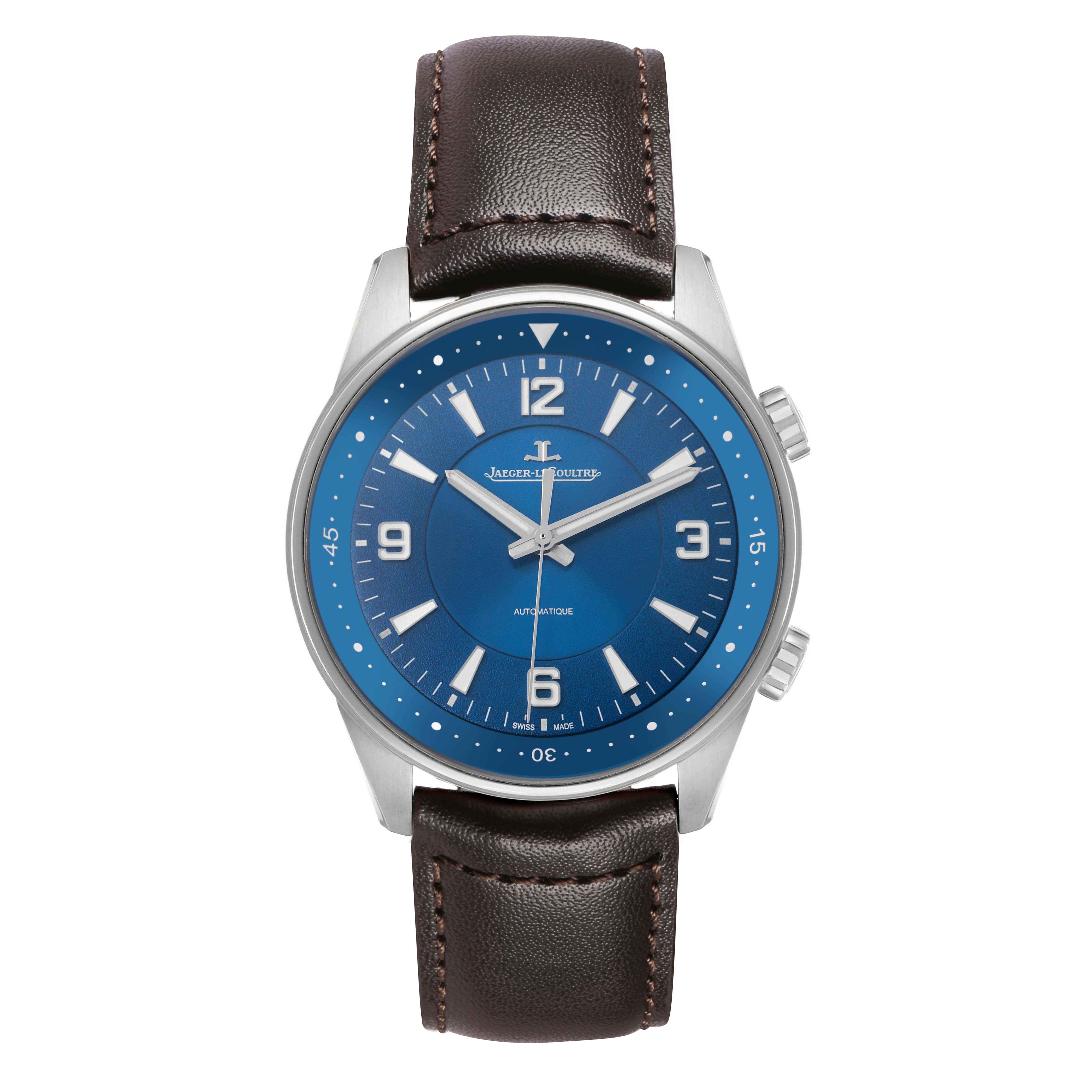 The Jaeger LeCoultre Polaris Q9008480 Men's Stainless Steel Blue Dial watch is shown from the front, displaying its blue dial, silver indices, and brown leather strap.