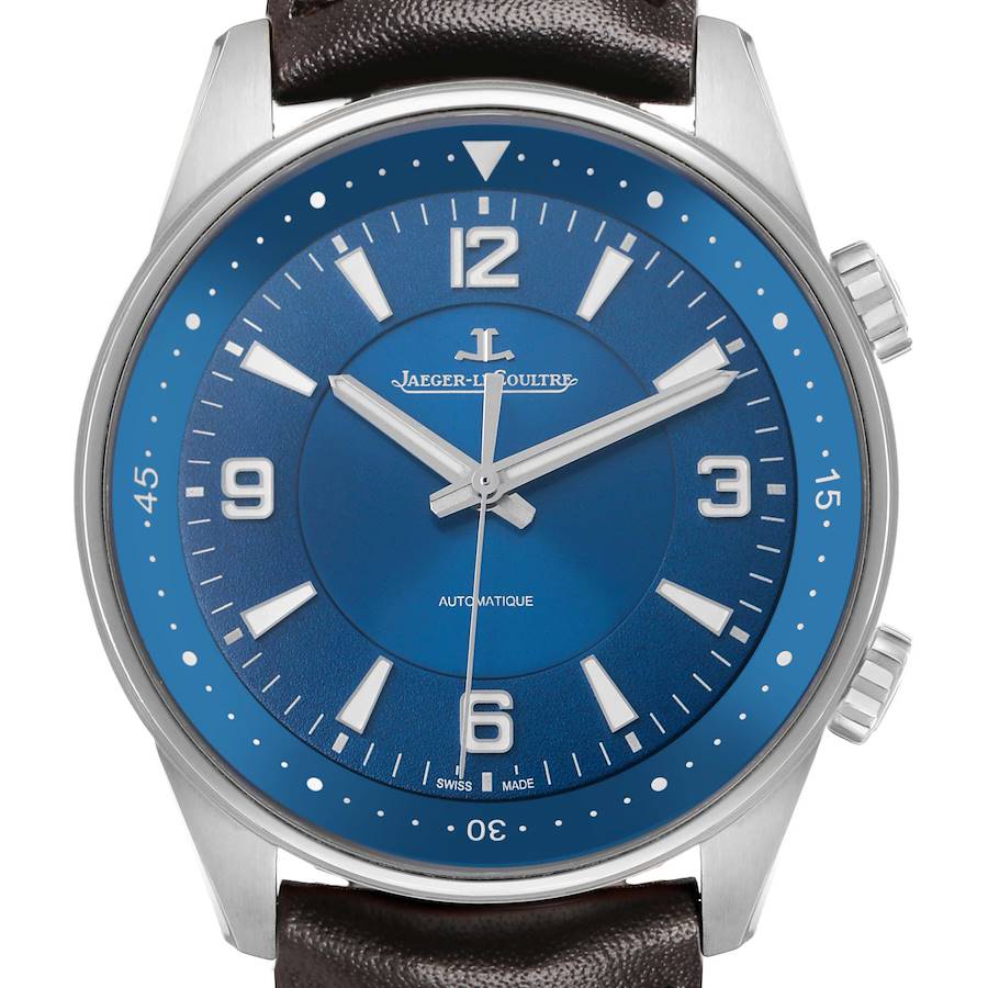 The image shows a front view of the Jaeger-LeCoultre Polaris watch, highlighting its blue dial and silver-tone hands and markers.
