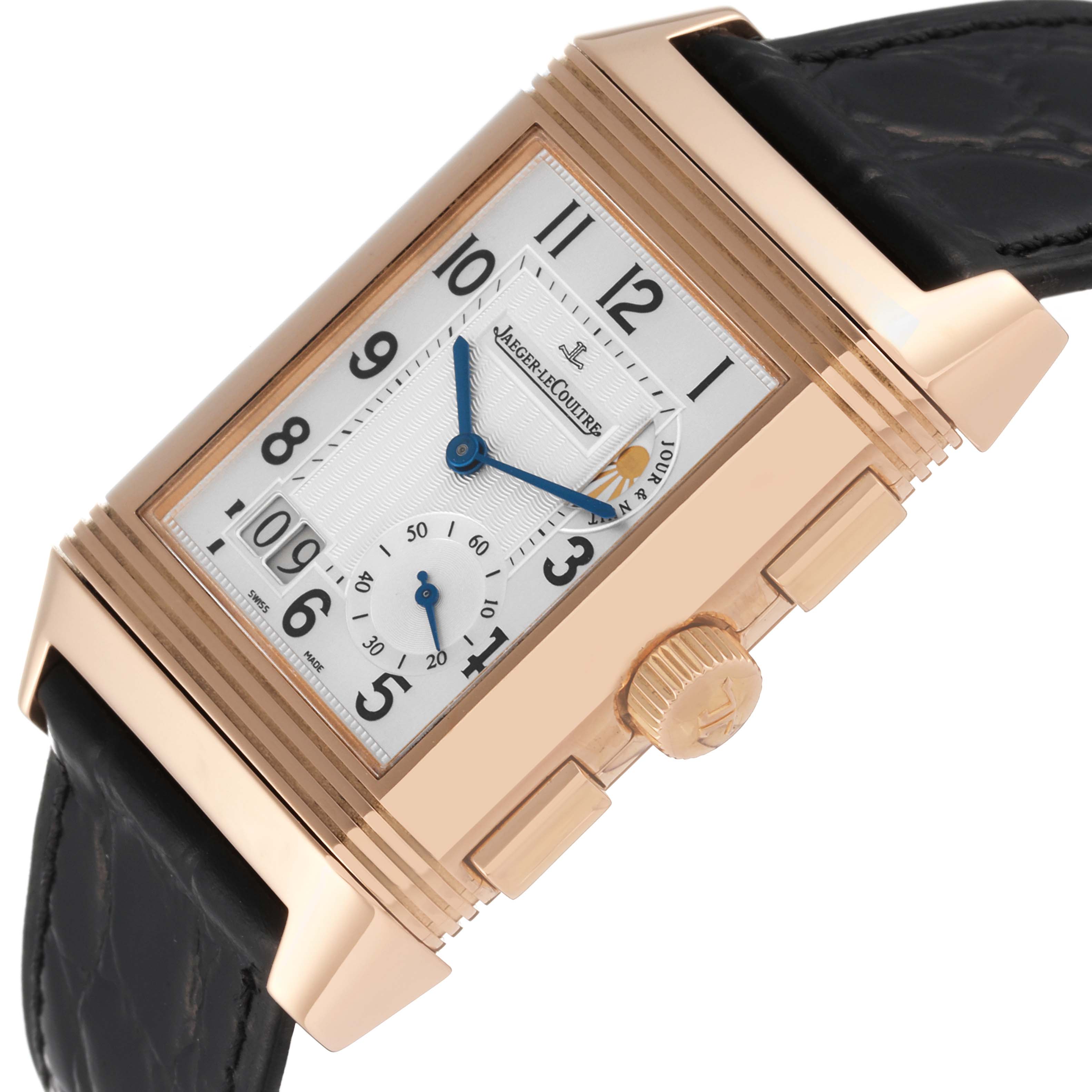 The image shows a Jaeger LeCoultre Reverso Q3022420 Men's Rose Gold Silver Dial Q3022420 Men's Rose Gold Silver Dial watch from a side angle, highlighting the crown, dial, and black leather strap.