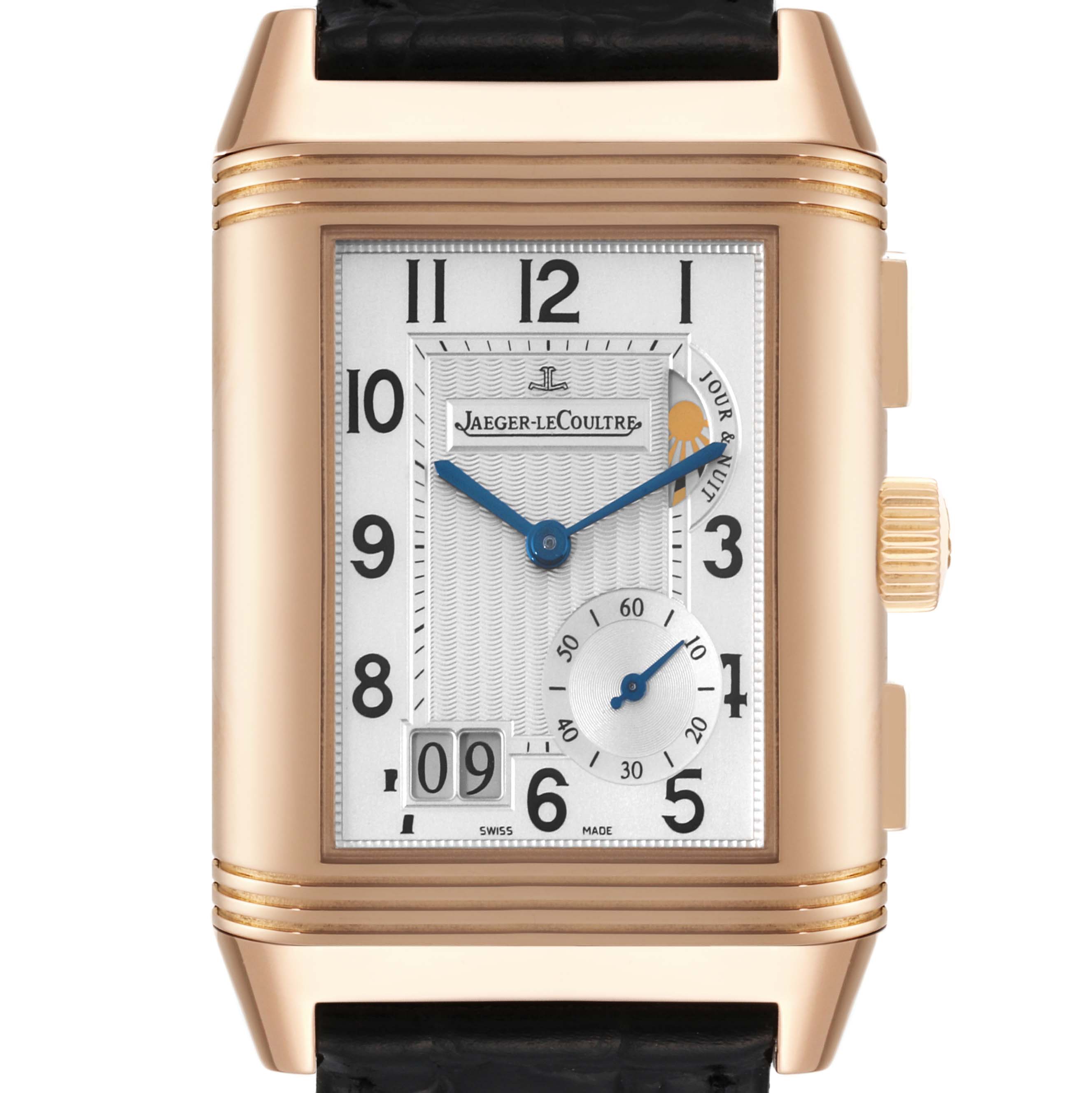 This image shows a front view of the Jaeger LeCoultre Reverso Q3022420 Men's Rose Gold Silver Dial Q3022420 Men's Rose Gold Silver Dial watch displaying the dial, crown, and part of the leather strap.