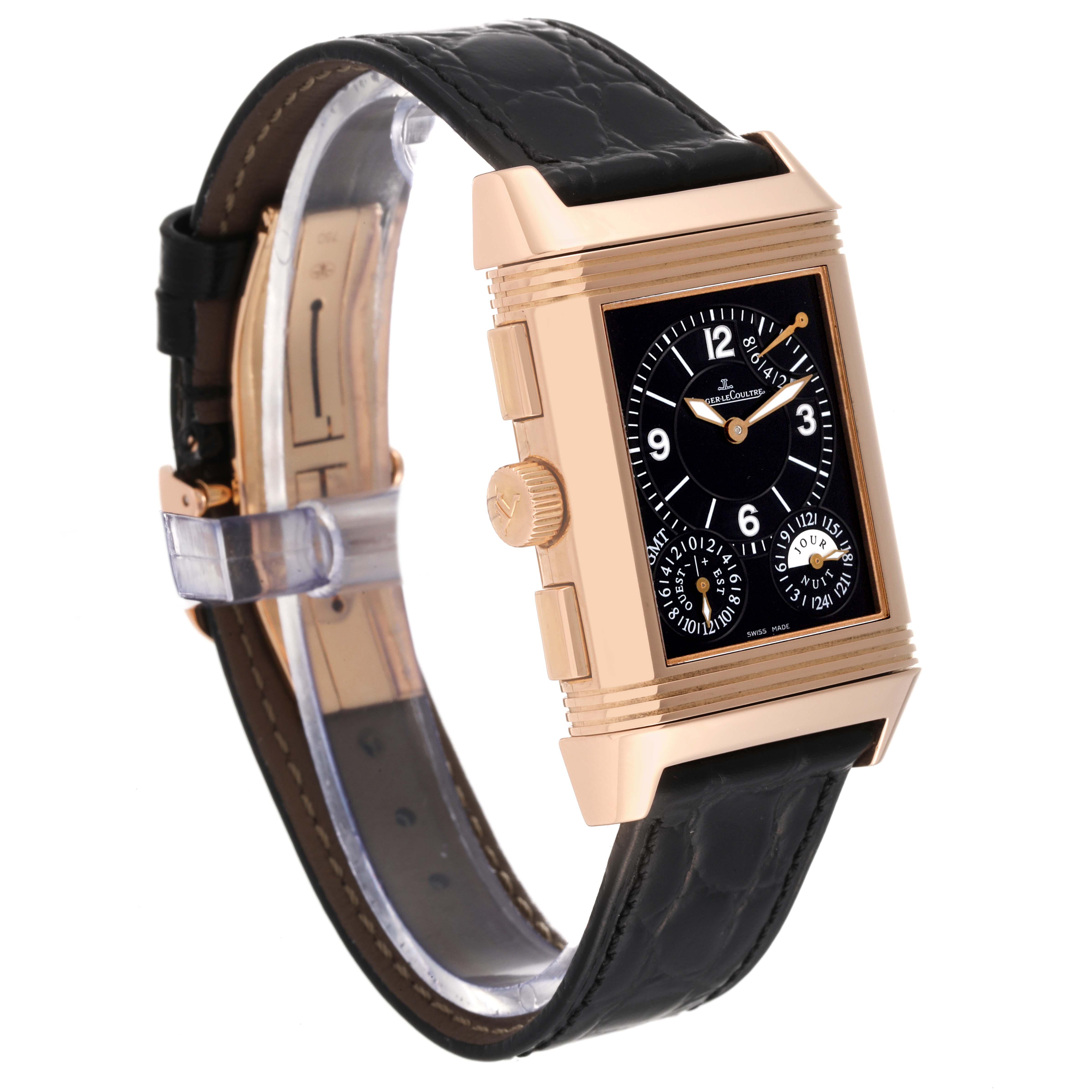 The image shows a Jaeger-LeCoultre Reverso watch at a three-quarter angle, highlighting its rectangular case, dial, and leather strap.