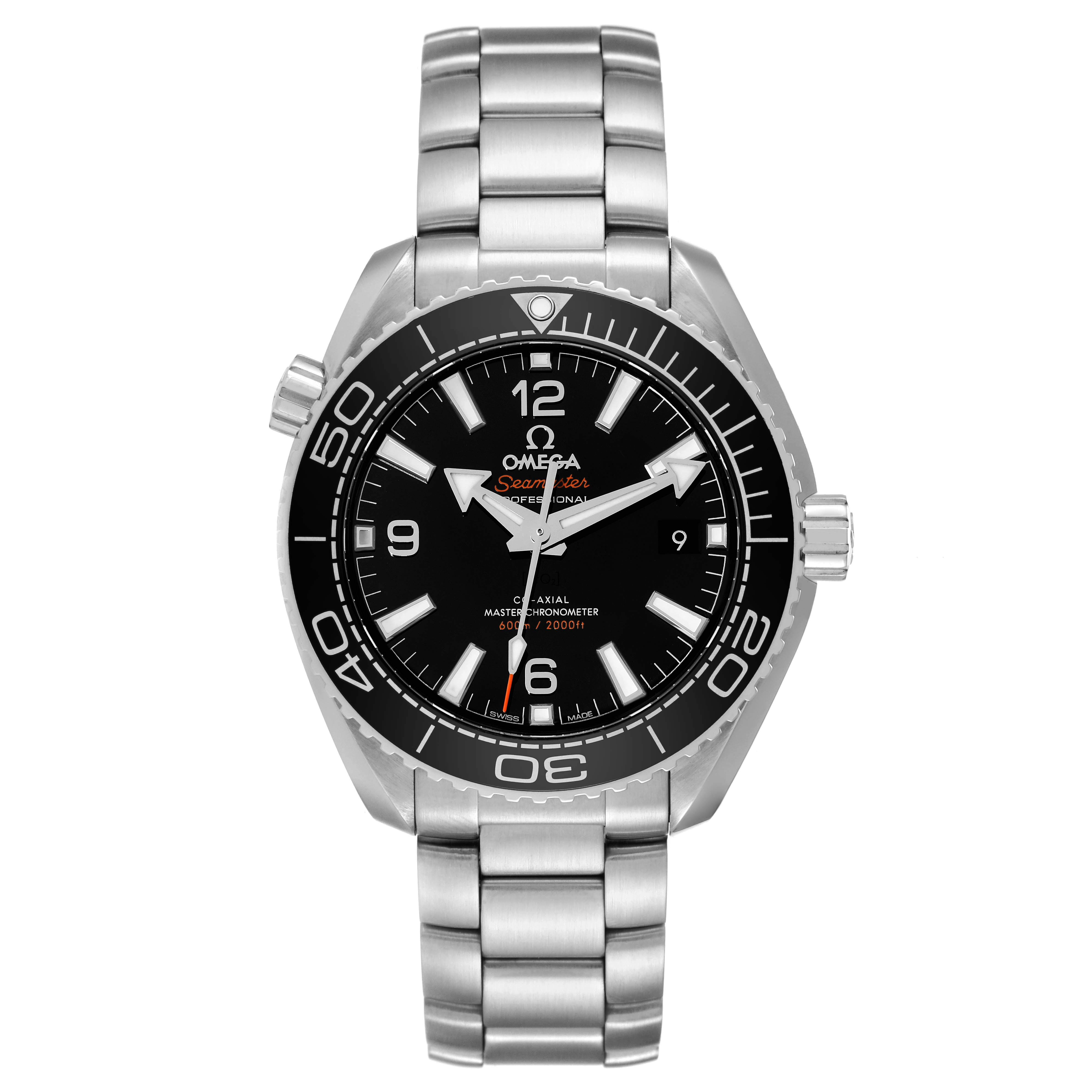 The image shows a front view of the Omega Planet Ocean 215.30.40.20.01.001 Men
s Stainless Steel Black Dial 215.30.40.20.01.001 Men
s Stainless Steel Black Dial watch, displaying its face, bezel, and metal bracelet.
