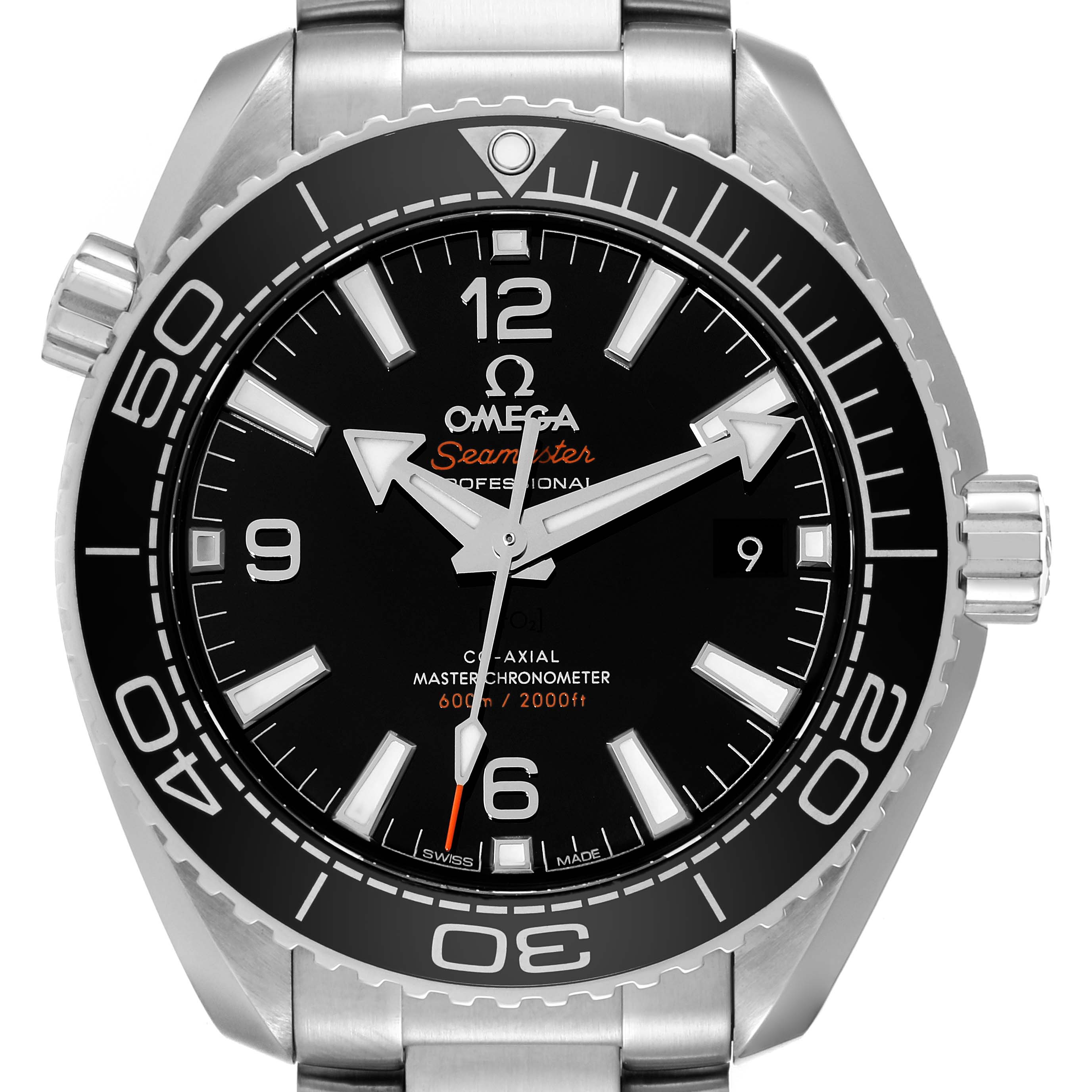 This is a front view of the Omega Planet Ocean 215.30.40.20.01.001 Men
s Stainless Steel Black Dial 215.30.40.20.01.001 Men
s Stainless Steel Black Dial model, showcasing the dial, bezel, hands, and crown.