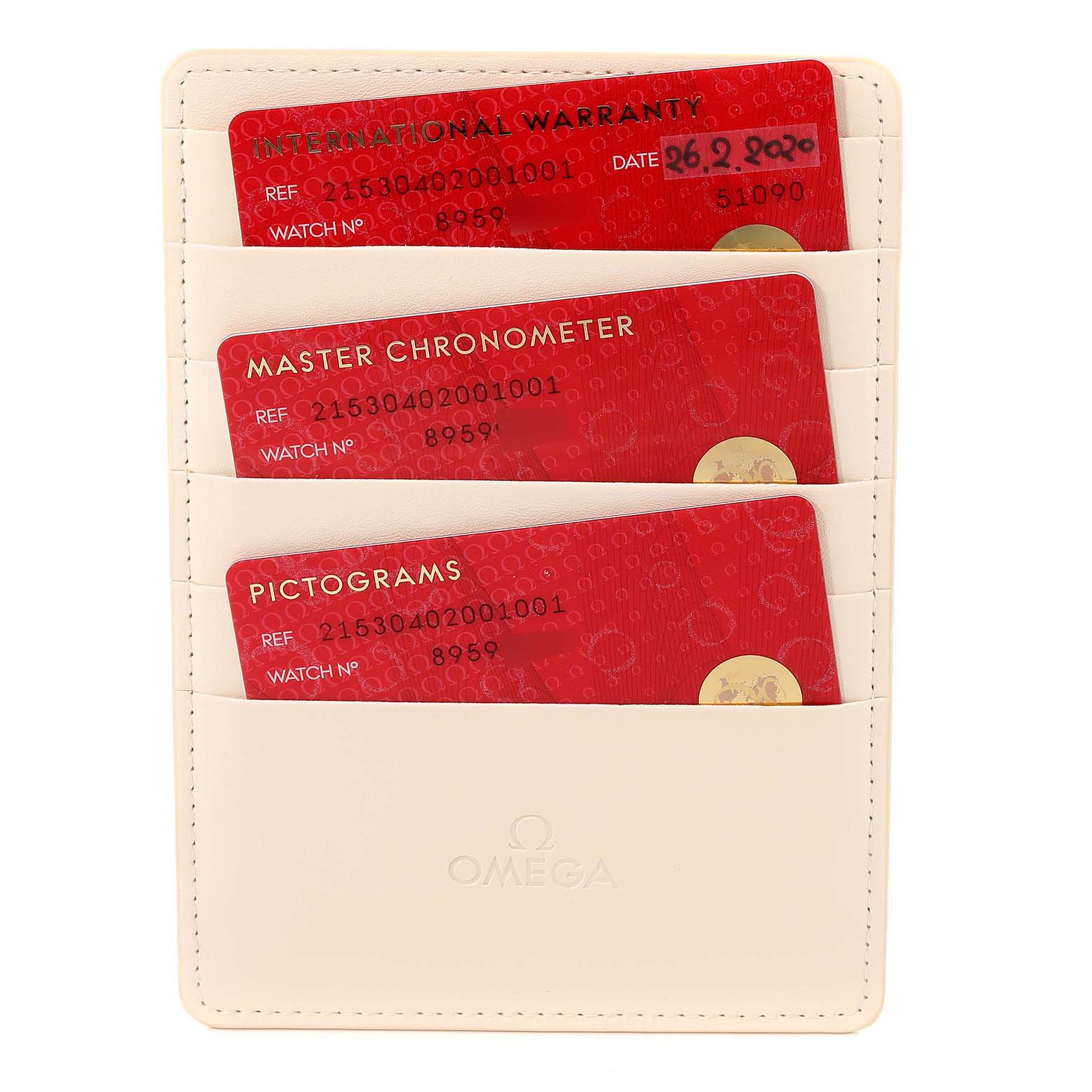 The image shows a set of red warranty and certification cards for an Omega Planet Ocean 215.30.40.20.01.001 Men
s Stainless Steel Black Dial 215.30.40.20.01.001 Men
s Stainless Steel Black Dial watch, placed in a beige cardholder.