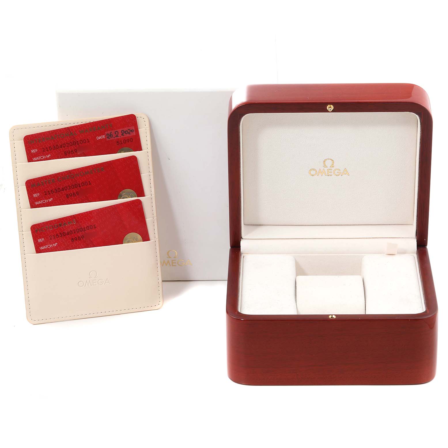 The image shows an Omega Planet Ocean 215.30.40.20.01.001 Men
s Stainless Steel Black Dial 215.30.40.20.01.001 Men
s Stainless Steel Black Dial watch box, a white Omega packaging box, and accompanying Best Quality
ation cards.