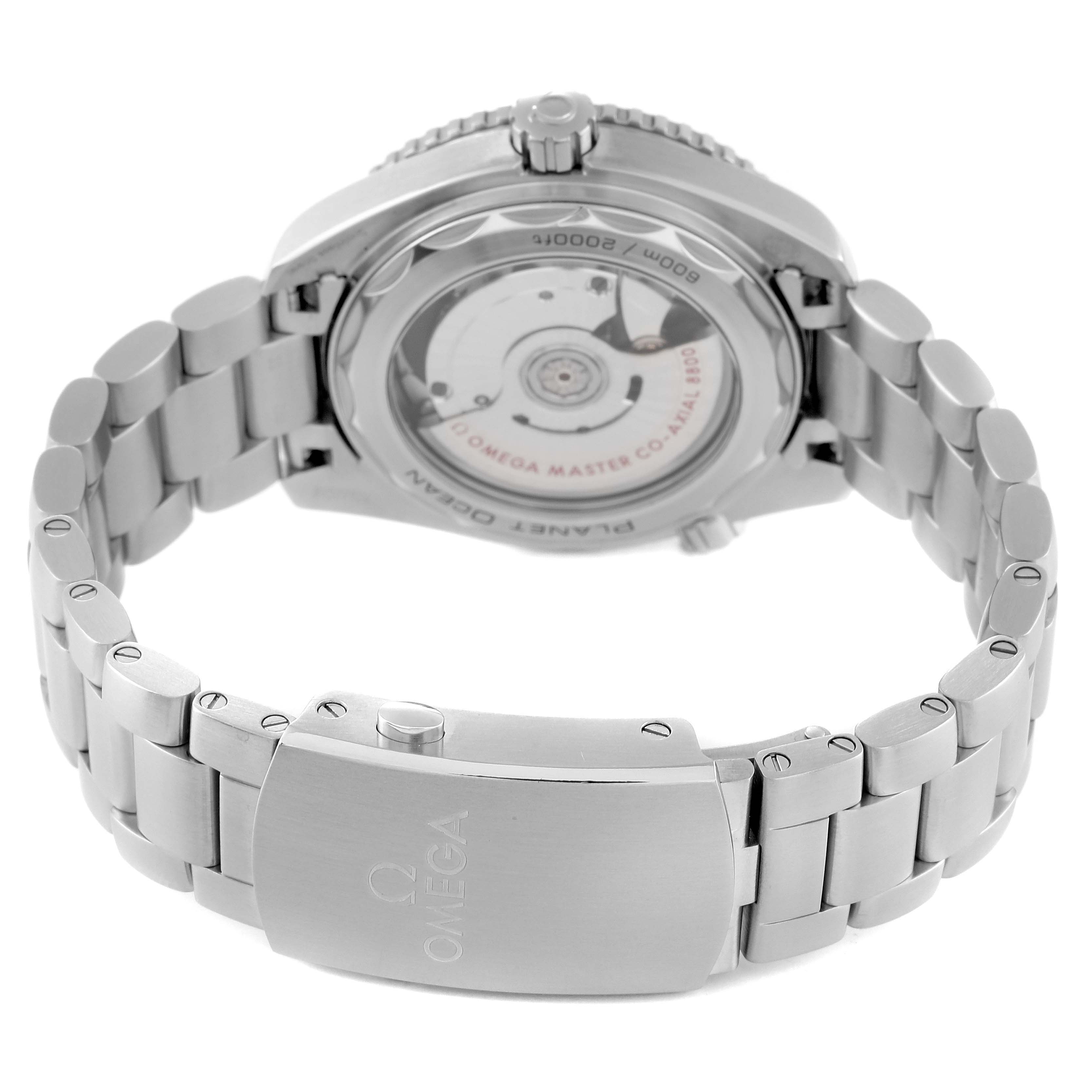 The image shows the back and bracelet of the Omega Planet Ocean 215.30.40.20.01.001 Men
s Stainless Steel Black Dial 215.30.40.20.01.001 Men
s Stainless Steel Black Dial watch.