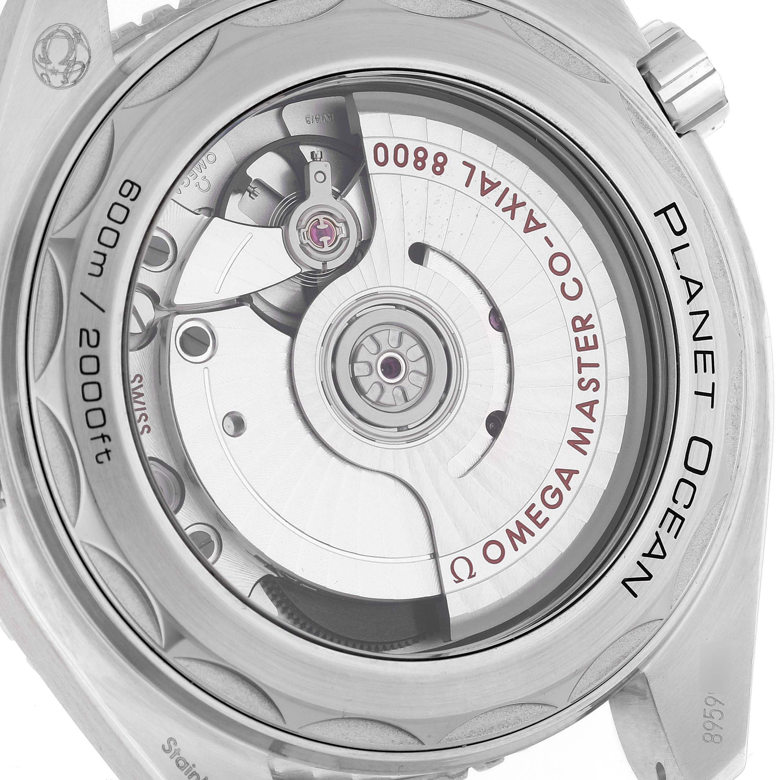 This image shows the back view of an Omega Planet Ocean 215.30.40.20.01.001 Men
s Stainless Steel Black Dial 215.30.40.20.01.001 Men
s Stainless Steel Black Dial watch, displaying its open caseback and internal mechanical movement.