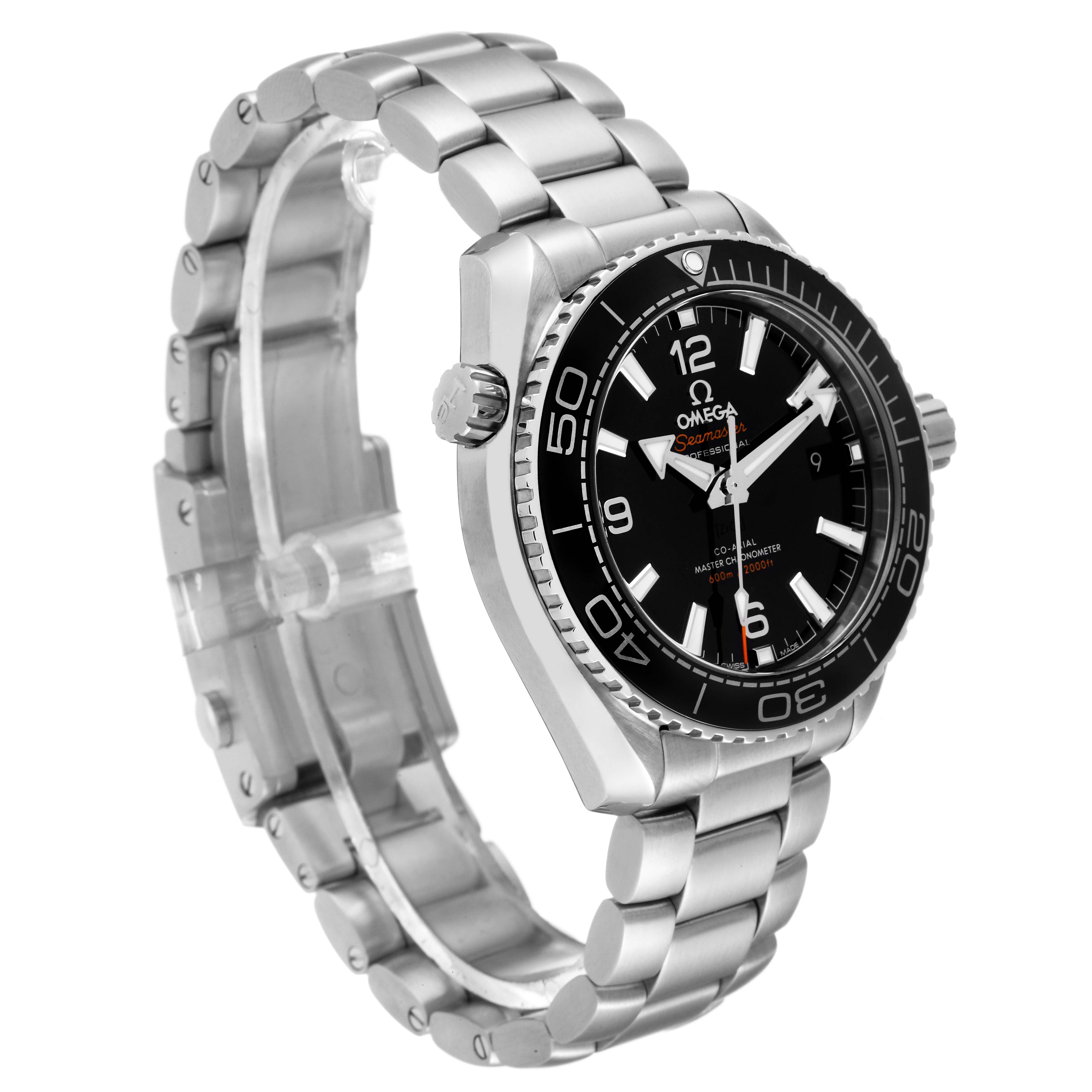 The Omega Planet Ocean 215.30.40.20.01.001 Men
s Stainless Steel Black Dial 215.30.40.20.01.001 Men
s Stainless Steel Black Dial watch is shown at a three-quarter angle, displaying the face, bezel, crown, and bracelet.