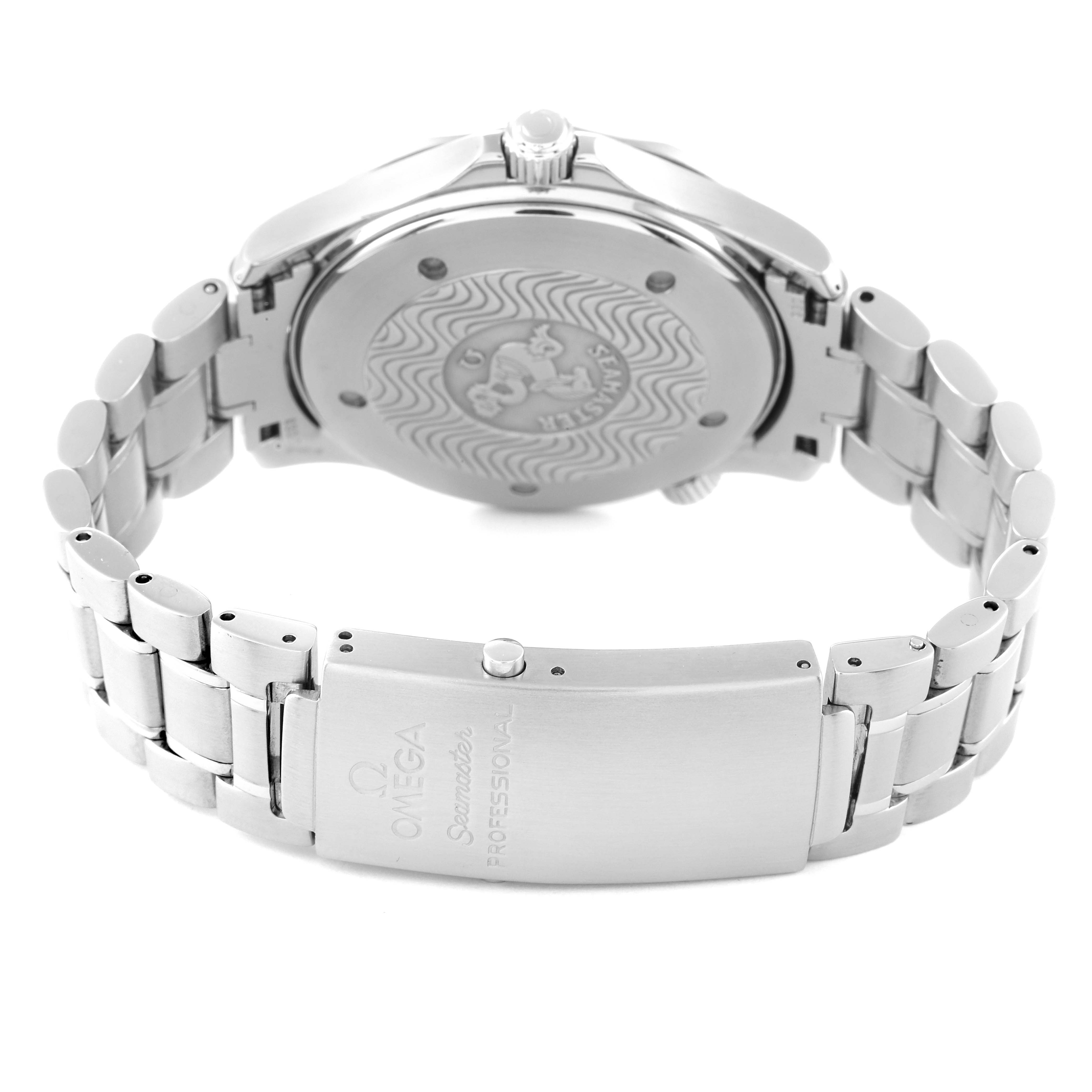 The image shows the back and clasp of an Omega Seamaster 2255.80.00 Men's Stainless Steel Blue Dial 2255.80.00 Men's Stainless Steel Blue Dial watch viewed from a slightly angled perspective.