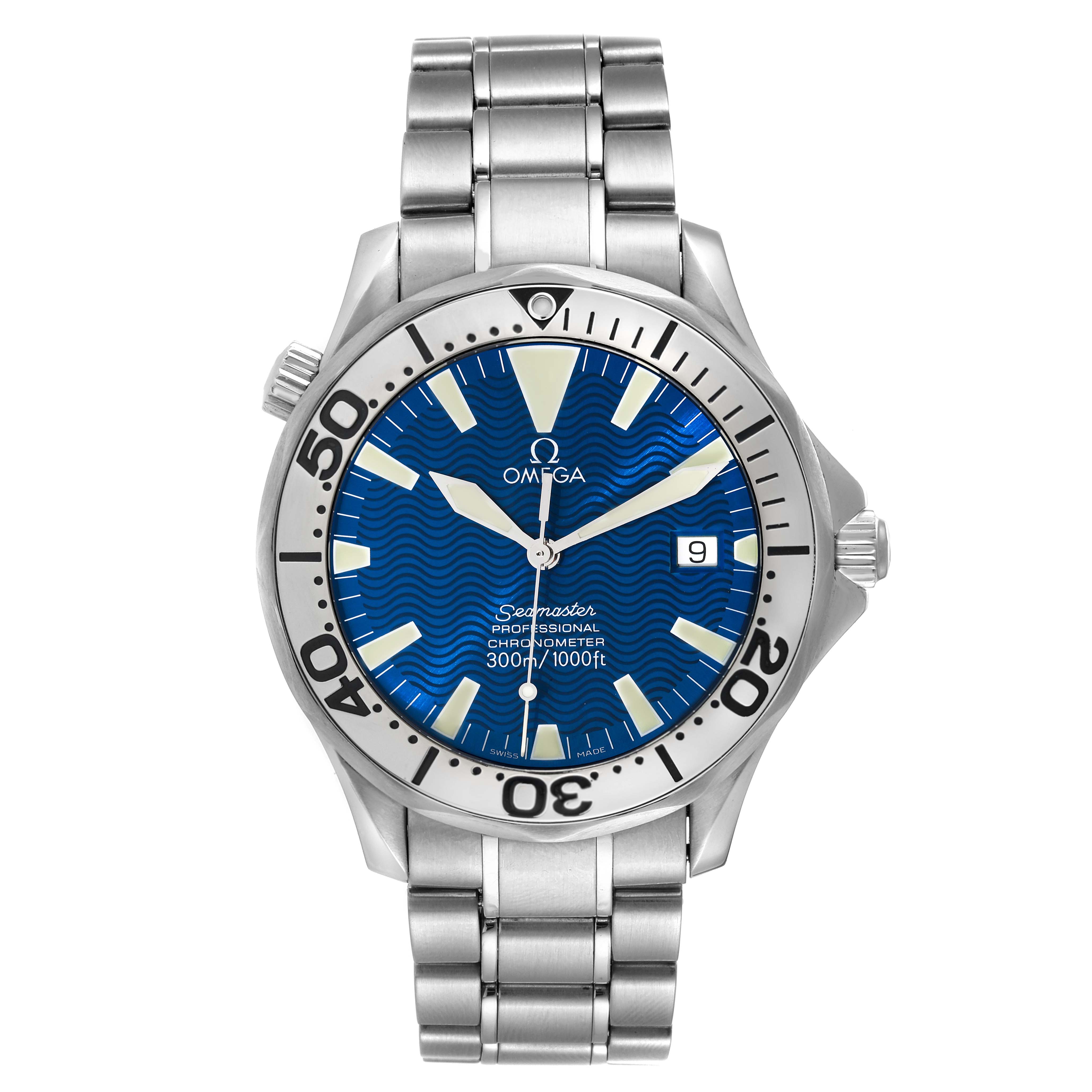 The Omega Seamaster 2255.80.00 Men's Stainless Steel Blue Dial 2255.80.00 Men's Stainless Steel Blue Dial model watch is shown from a top-down angle, highlighting its blue dial, bezel, bracelet, and date window.