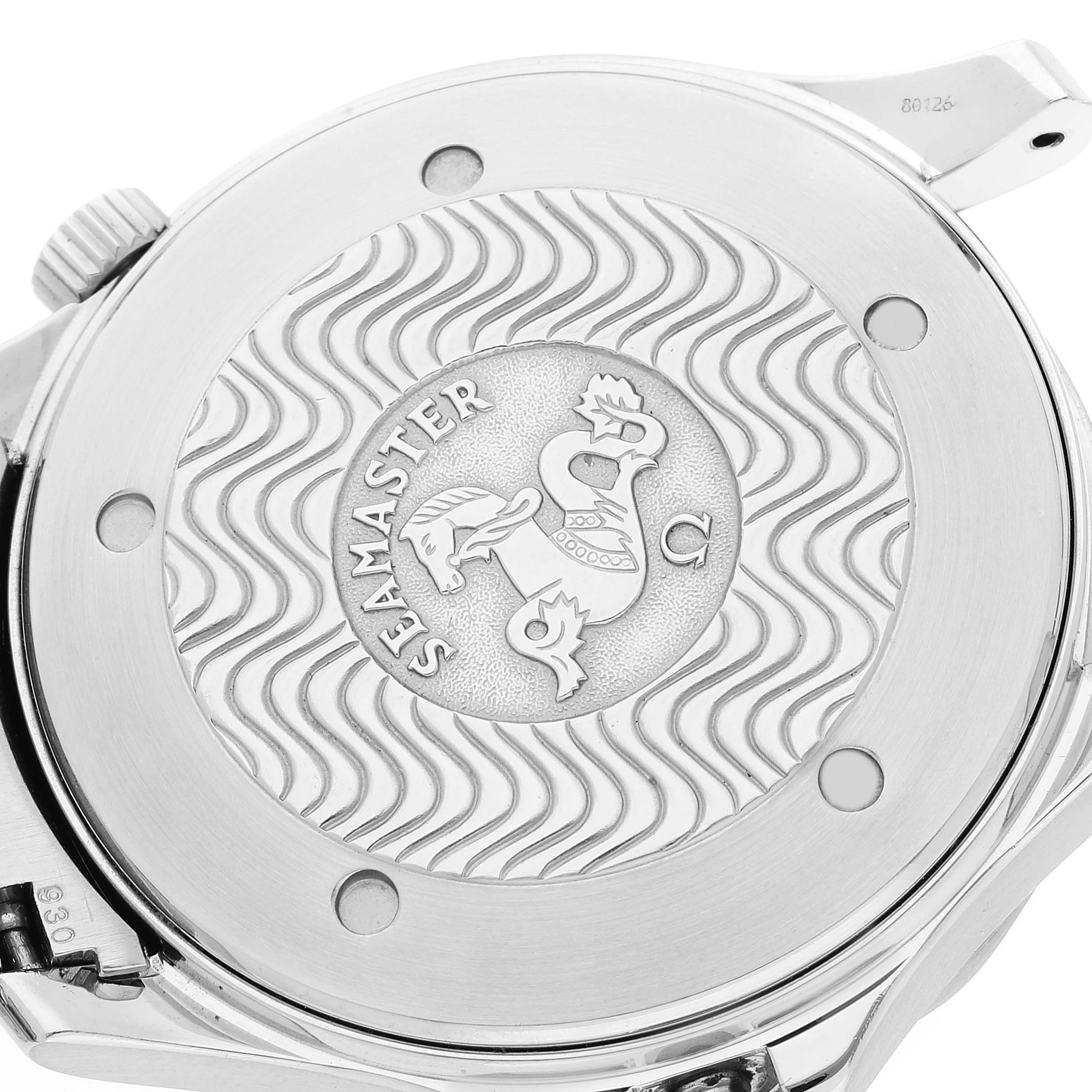 The image shows the case back of the Omega Seamaster 2255.80.00 Men's Stainless Steel Blue Dial 2255.80.00 Men's Stainless Steel Blue Dial watch at an overhead angle.