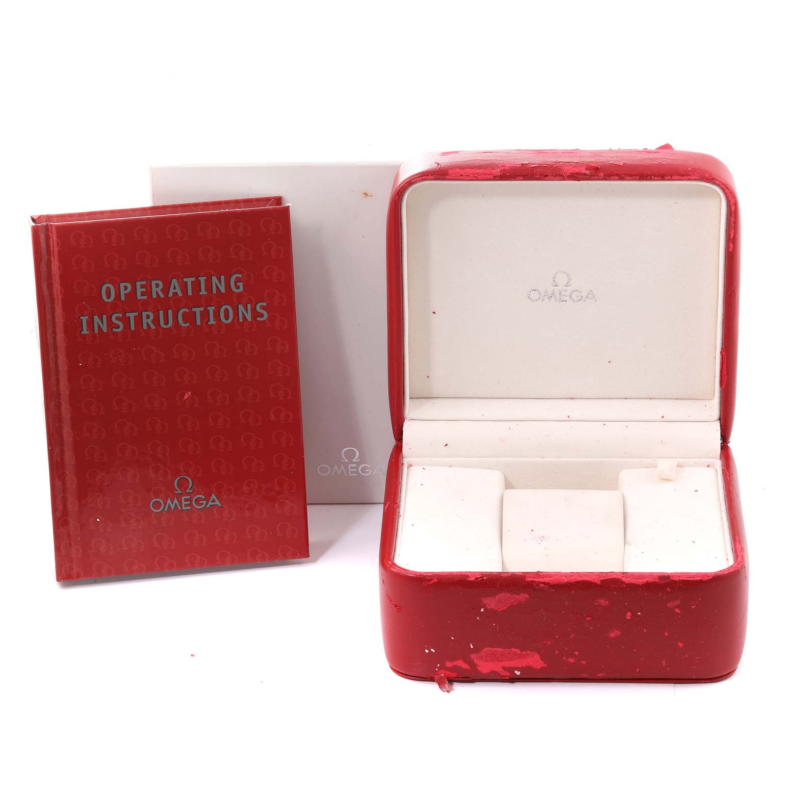 The image shows a red Omega Seamaster 2255.80.00 Men's Stainless Steel Blue Dial 2255.80.00 Men's Stainless Steel Blue Dial watch box and the operating instructions with some white interior compartments.