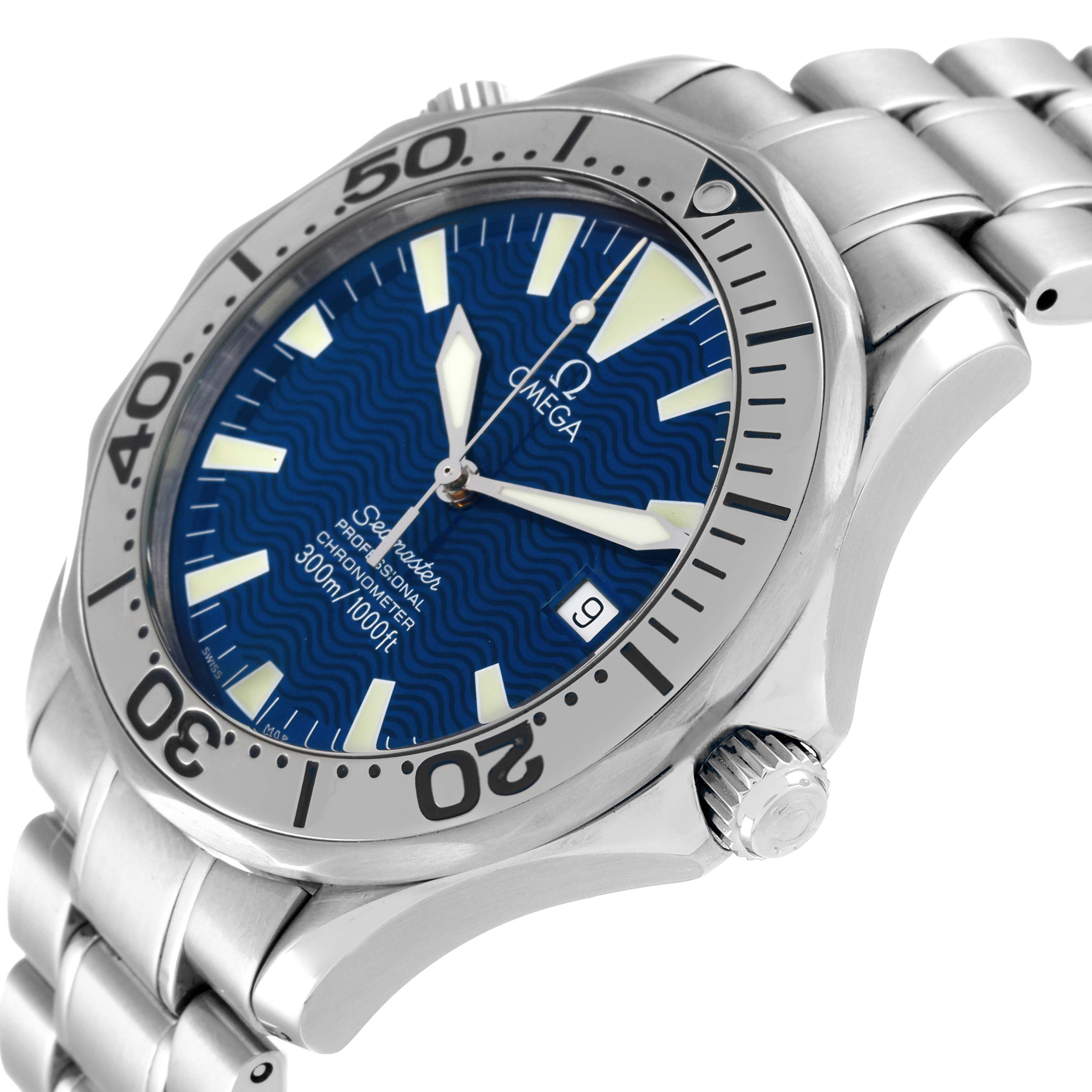 The Omega Seamaster 2255.80.00 Men's Stainless Steel Blue Dial 2255.80.00 Men's Stainless Steel Blue Dial watch is shown at a front-side angle, highlighting the dial, bezel, and part of the bracelet.