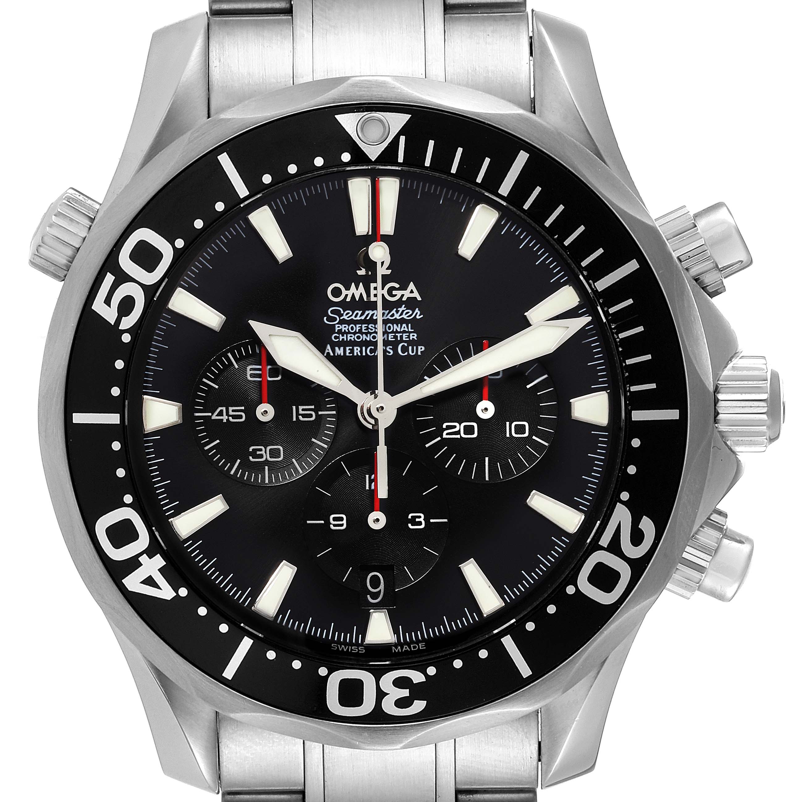 The Omega Seamaster 2594.50.00 Men's Stainless Steel Black Dial 2594.50.00 Men's Stainless Steel Black Dial watch is shown from the front, displaying its black dial, chronograph subdials, and stainless steel bracelet.