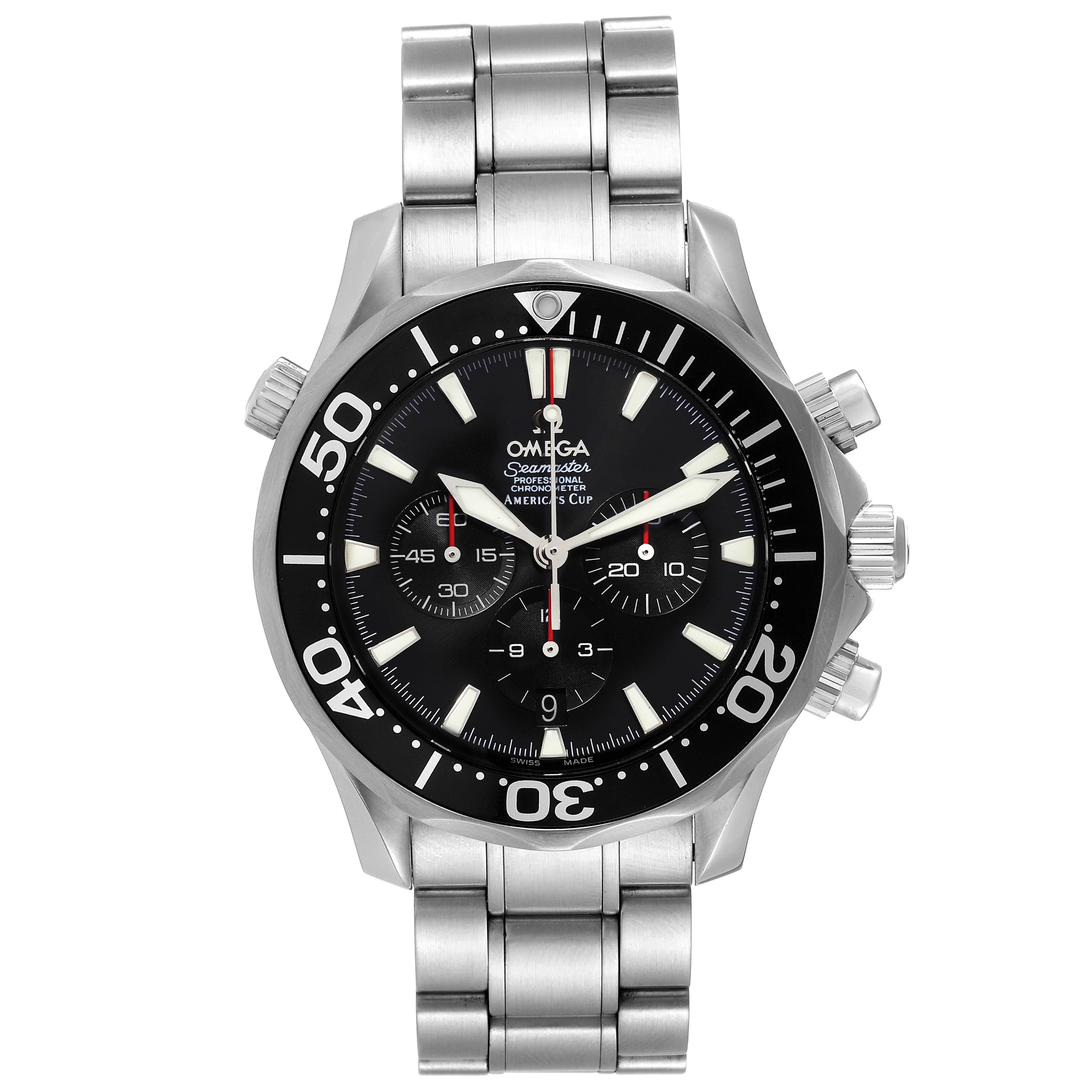 The Omega Seamaster 2594.50.00 Men's Stainless Steel Black Dial 2594.50.00 Men's Stainless Steel Black Dial watch is shown from the front, displaying its dial, bezel, case, and stainless steel bracelet.