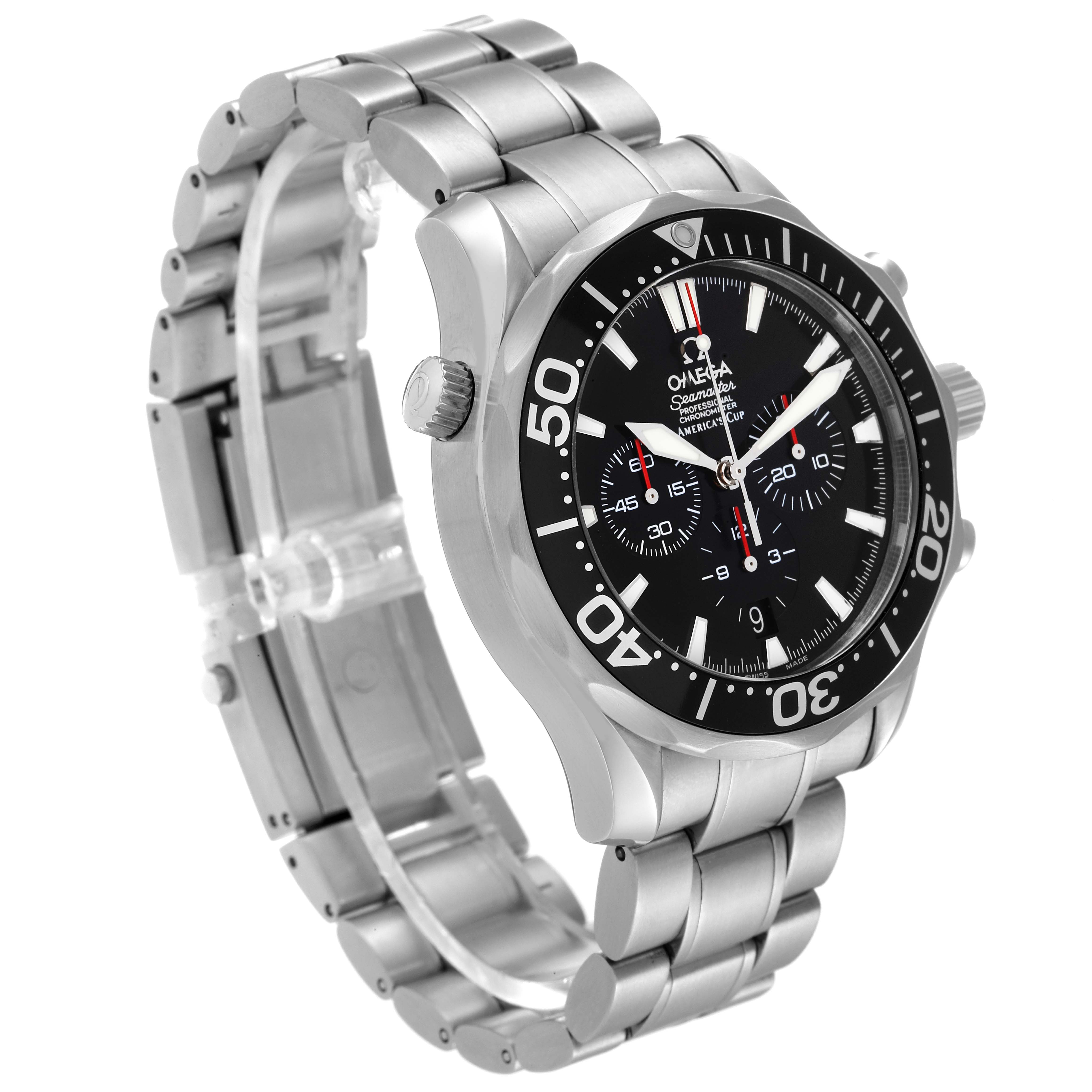 The image shows a side angle of an Omega Seamaster 2594.50.00 Men's Stainless Steel Black Dial 2594.50.00 Men's Stainless Steel Black Dial watch, highlighting its face, bezel, crown, and bracelet.
