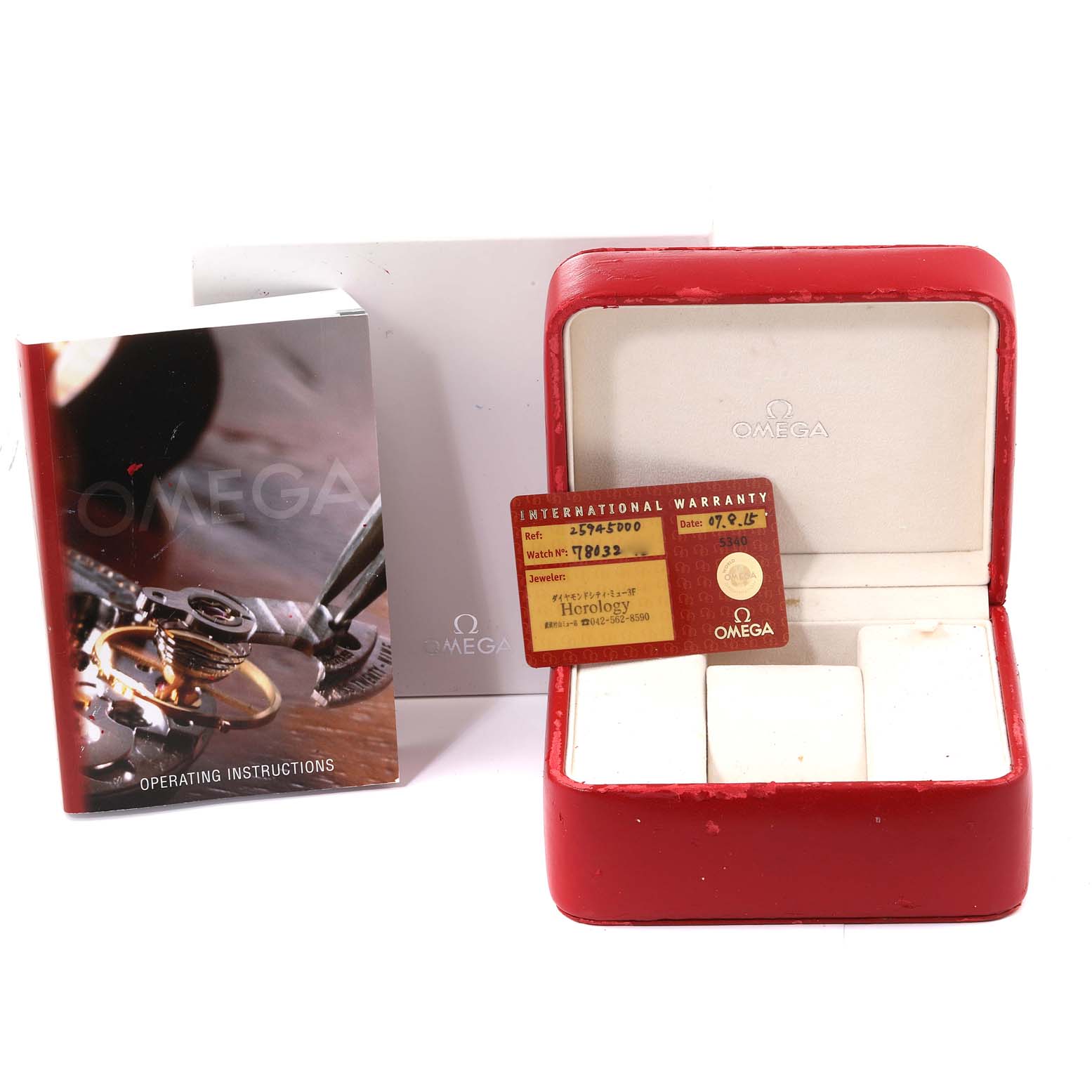 The image shows an Omega Seamaster 2594.50.00 Men's Stainless Steel Black Dial 2594.50.00 Men's Stainless Steel Black Dial watch case, warranty card, operating instructions, and outer box from a front angle.