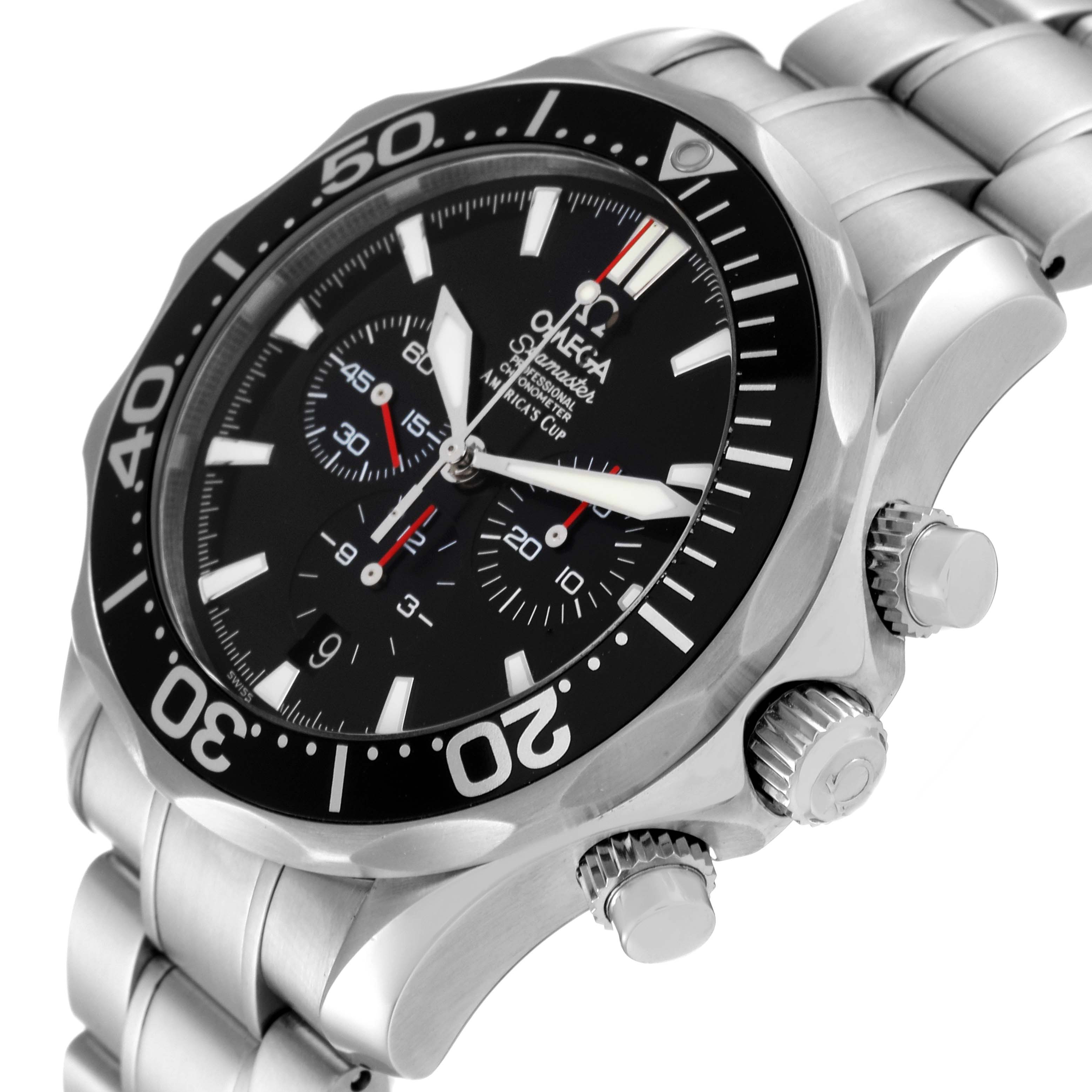 The image shows a side angle of the Omega Seamaster 2594.50.00 Men's Stainless Steel Black Dial 2594.50.00 Men's Stainless Steel Black Dial watch, highlighting its bezel, dial, crown, and pushers.