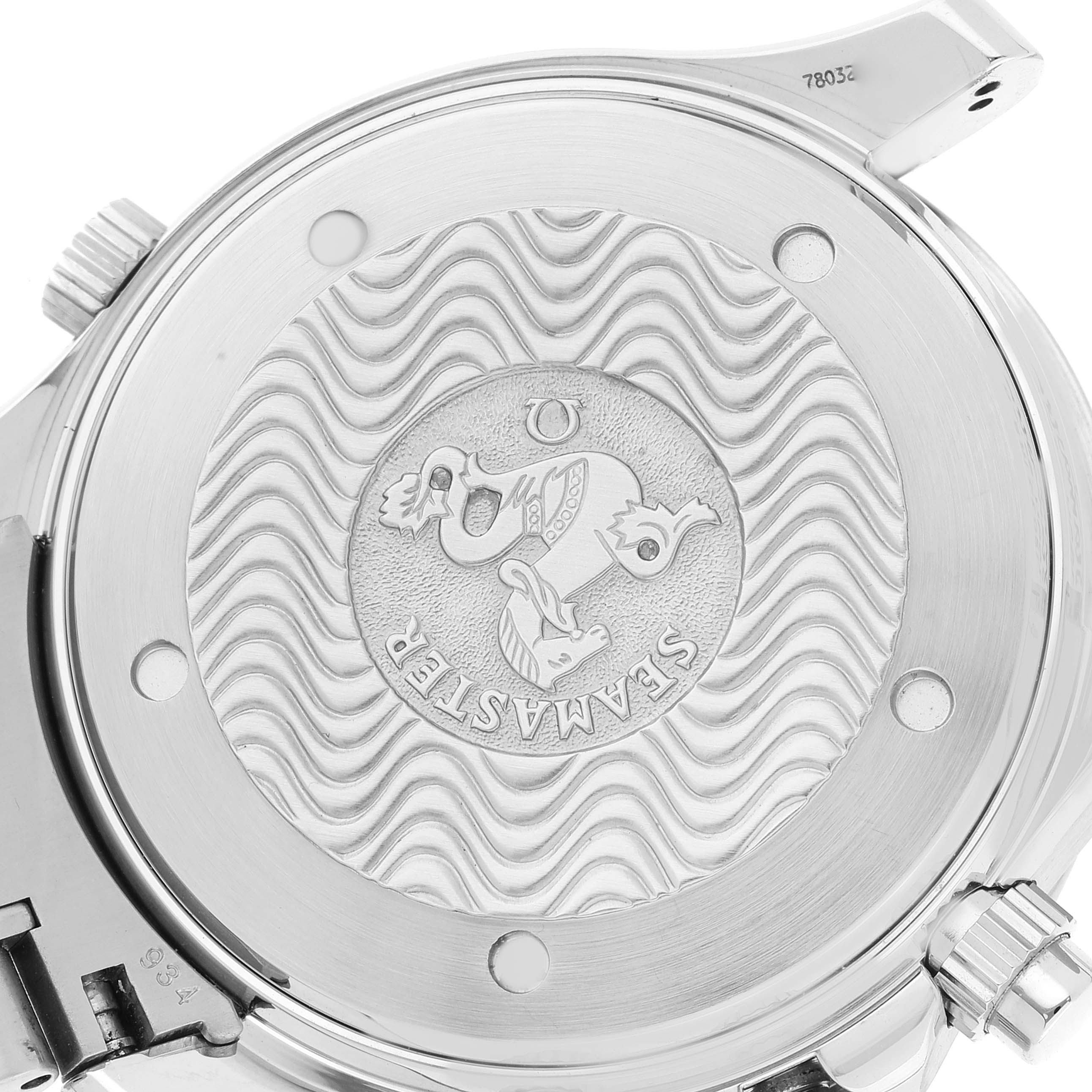 The image shows the back casing of an Omega Seamaster 2594.50.00 Men's Stainless Steel Black Dial 2594.50.00 Men's Stainless Steel Black Dial watch, emphasizing its engraved design and brand detailing.