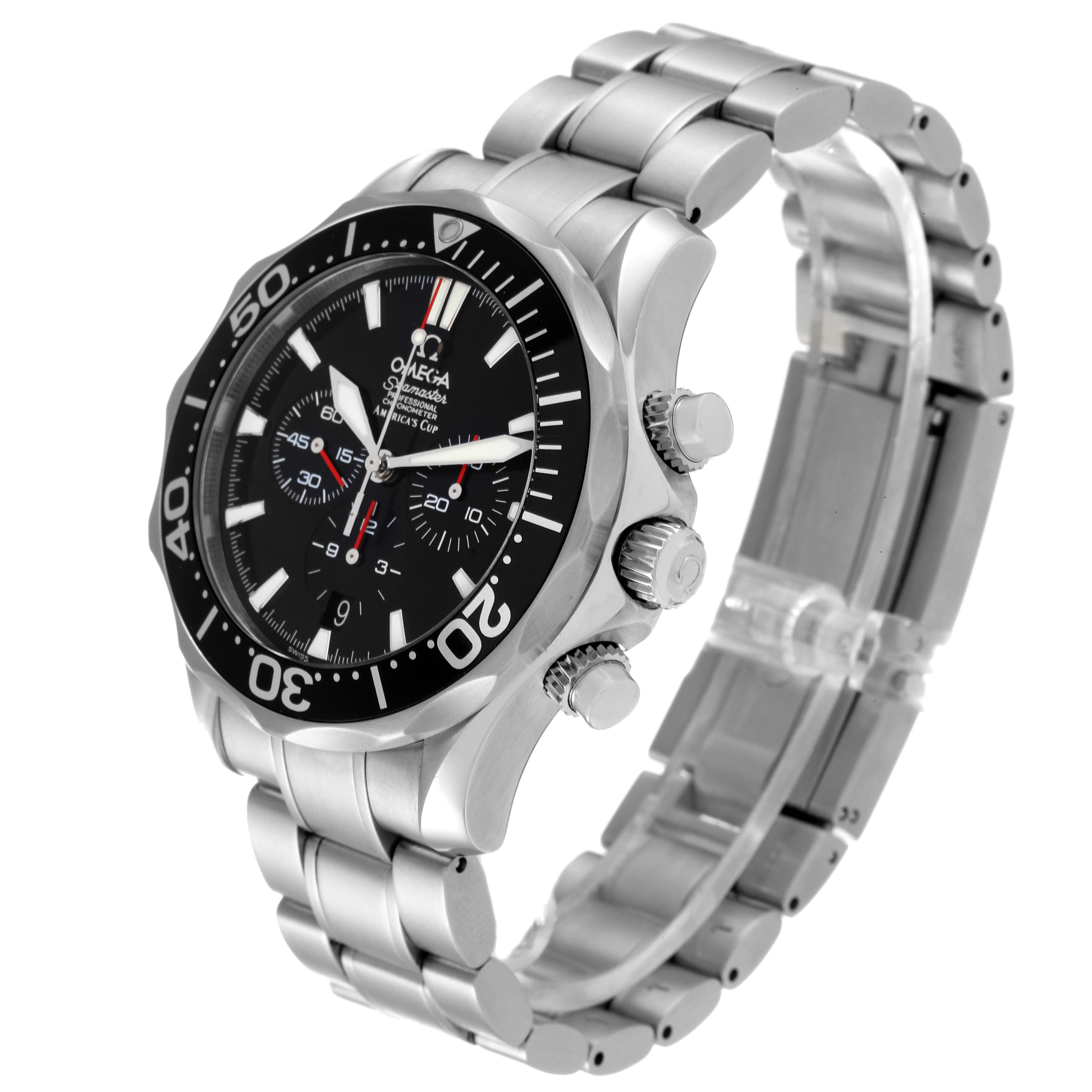 The image shows the Omega Seamaster 2594.50.00 Men's Stainless Steel Black Dial 2594.50.00 Men's Stainless Steel Black Dial watch from a three-quarter angle, highlighting the dial, bezel, crown, and portion of the bracelet.