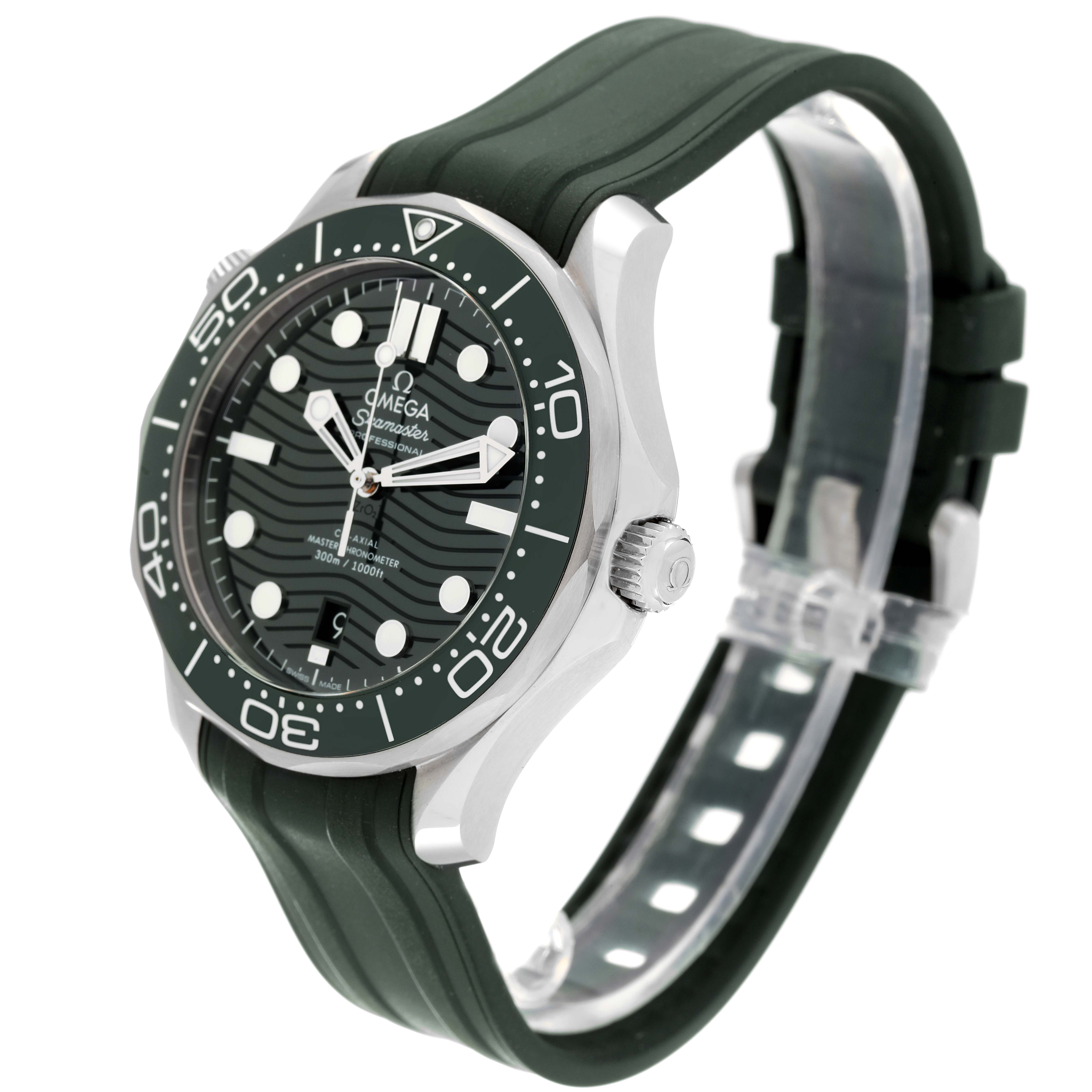 The Omega Seamaster 210.32.42.20.10.001 Men's Stainless Steel Green Dial 210.32.42.20.10.001 Men's Stainless Steel Green Dial watch is shown at a three-quarter angle, highlighting its face, bezel, crown, and green rubber strap.