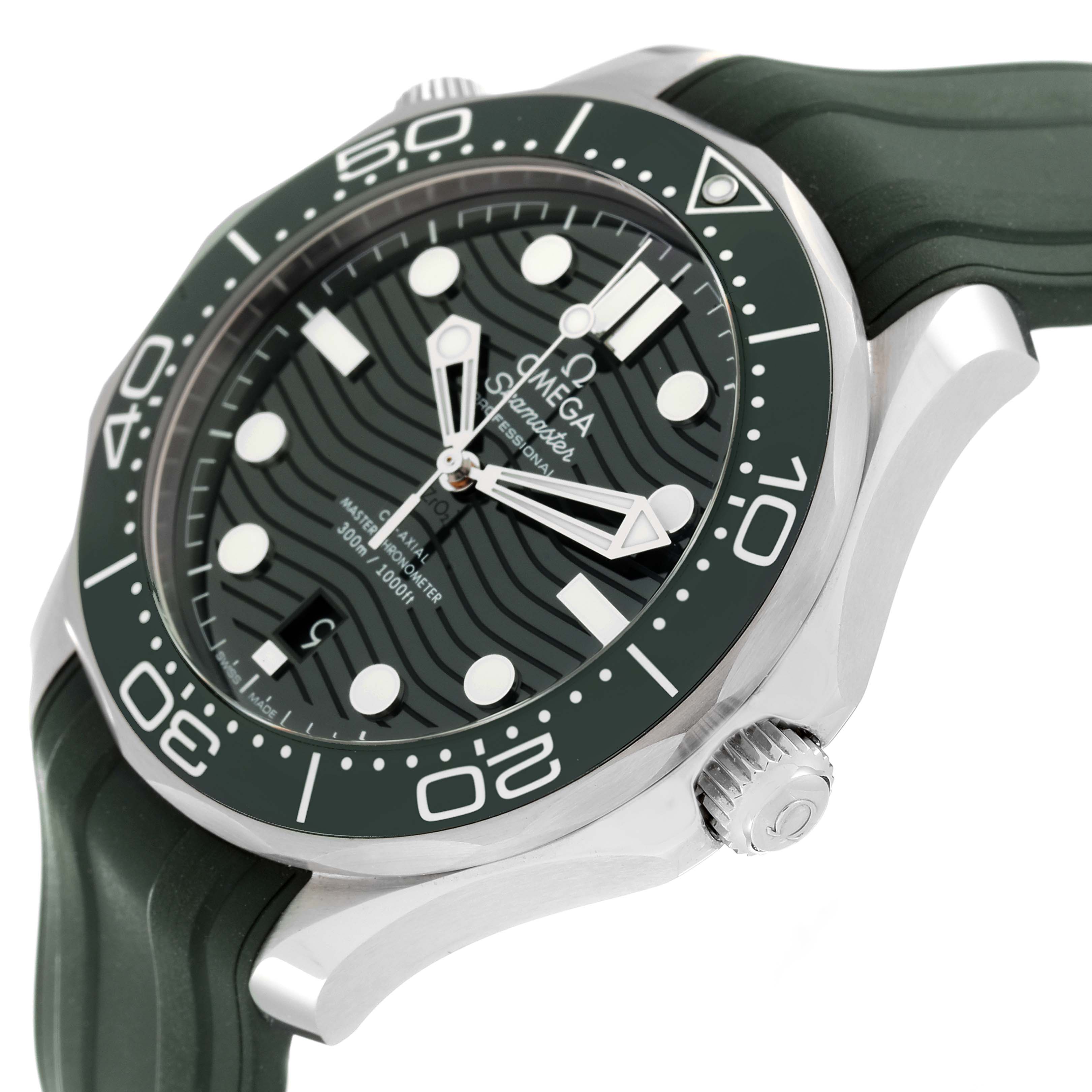 The image shows an angled view of an Omega Seamaster 210.32.42.20.10.001 Men's Stainless Steel Green Dial 210.32.42.20.10.001 Men's Stainless Steel Green Dial watch, highlighting the face, bezel, crown, and strap.