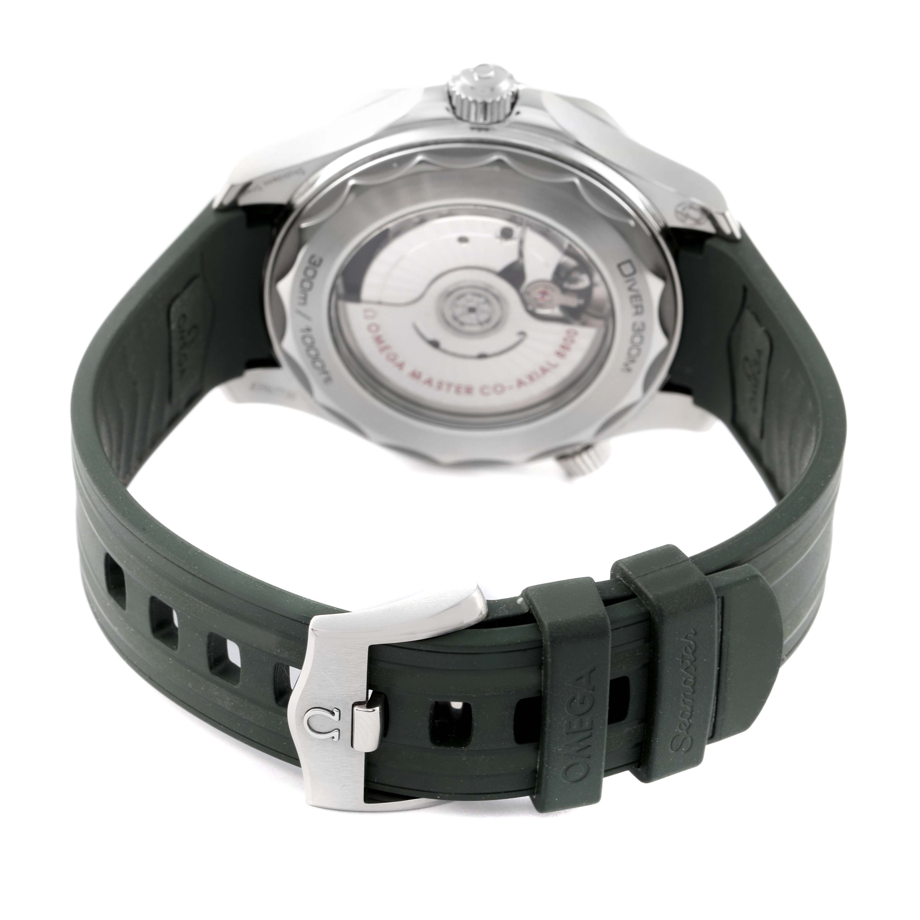 This image shows the back view of an Omega Seamaster 210.32.42.20.10.001 Men's Stainless Steel Green Dial 210.32.42.20.10.001 Men's Stainless Steel Green Dial watch, highlighting the transparent case back and green rubber strap.