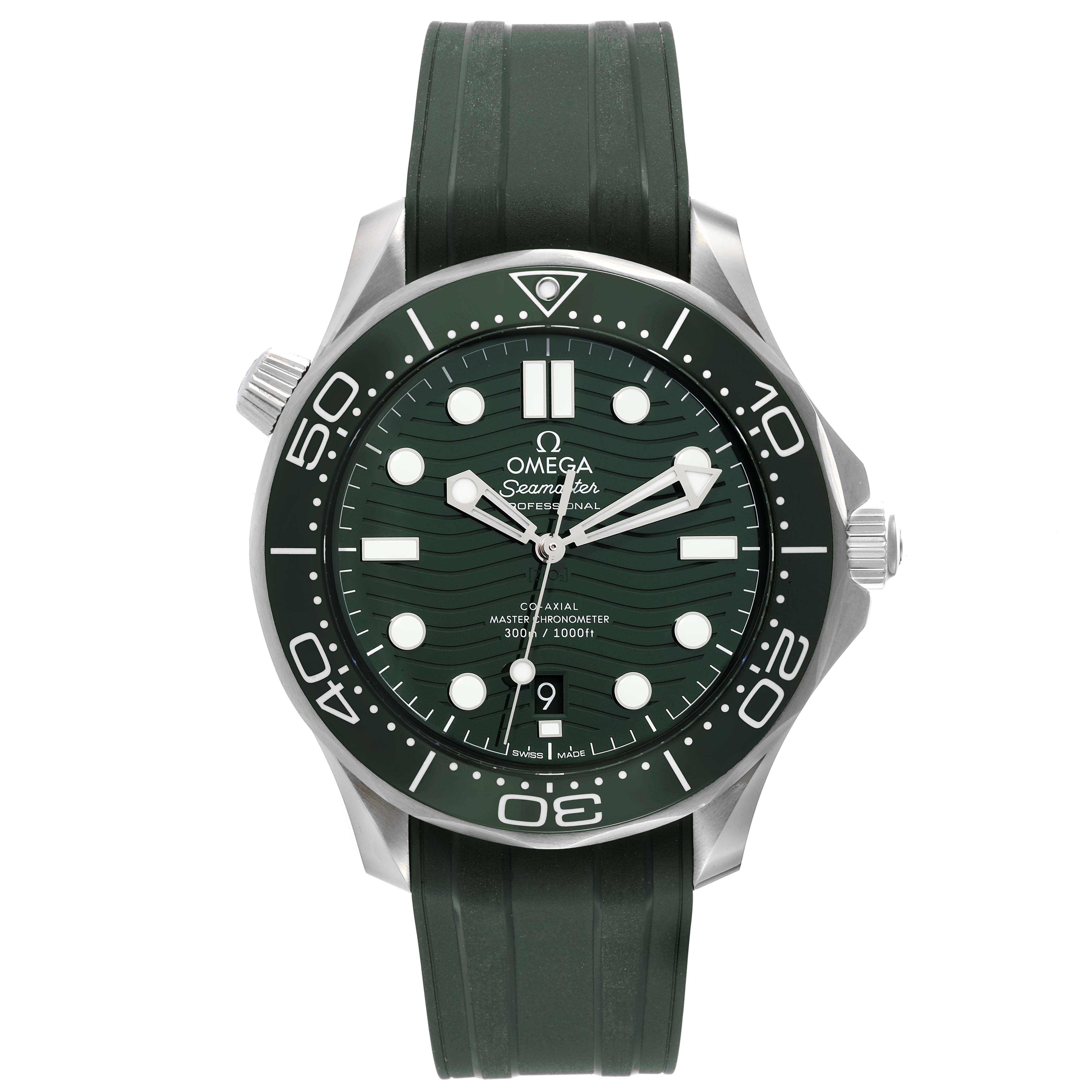 This image shows a front view of the Omega Seamaster 210.32.42.20.10.001 Men's Stainless Steel Green Dial 210.32.42.20.10.001 Men's Stainless Steel Green Dial watch, highlighting its green dial, bezel, and rubber strap.