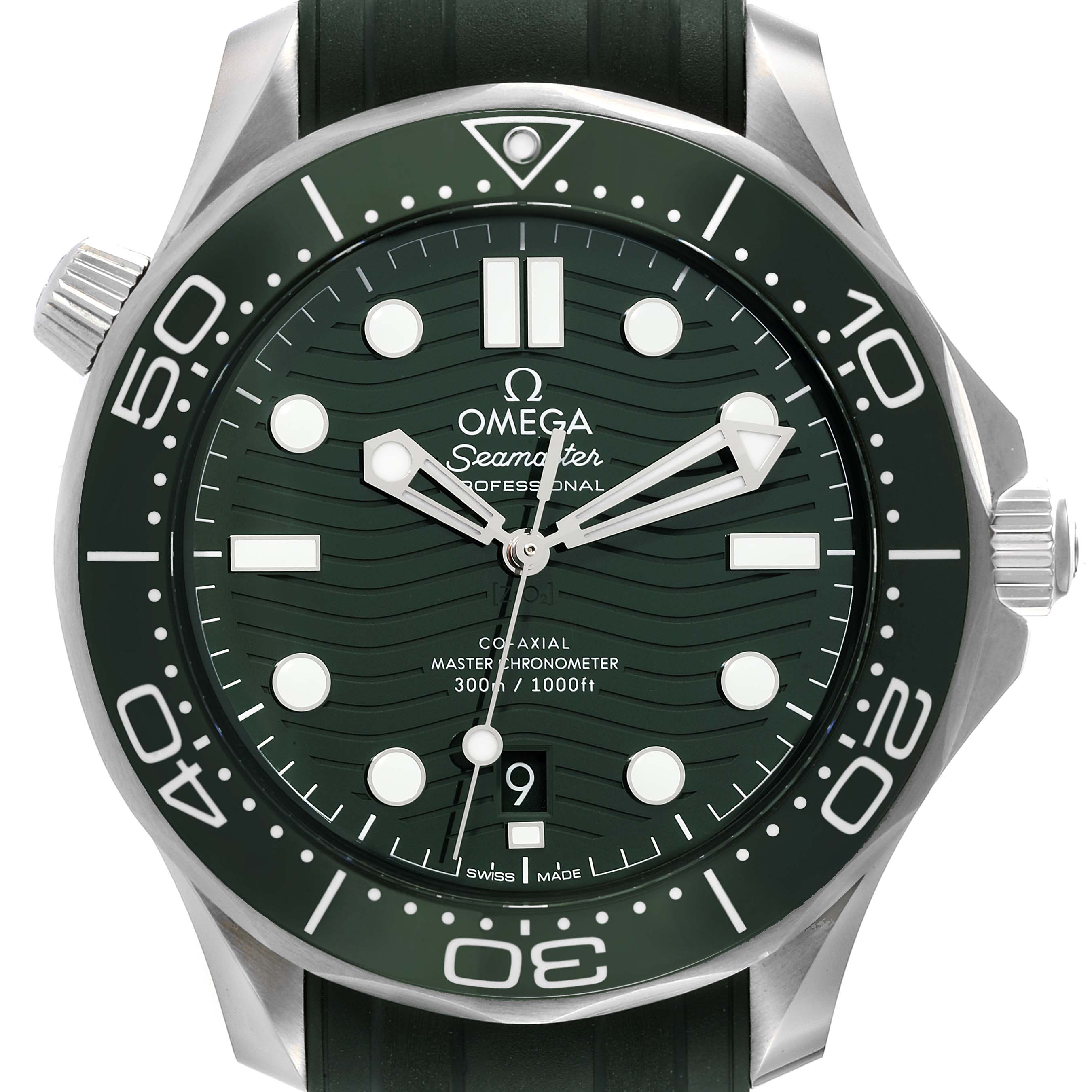 The image shows a front view of the Omega Seamaster 210.32.42.20.10.001 Men's Stainless Steel Green Dial 210.32.42.20.10.001 Men's Stainless Steel Green Dial watch, featuring a green dial, bezel, and rubber strap.
