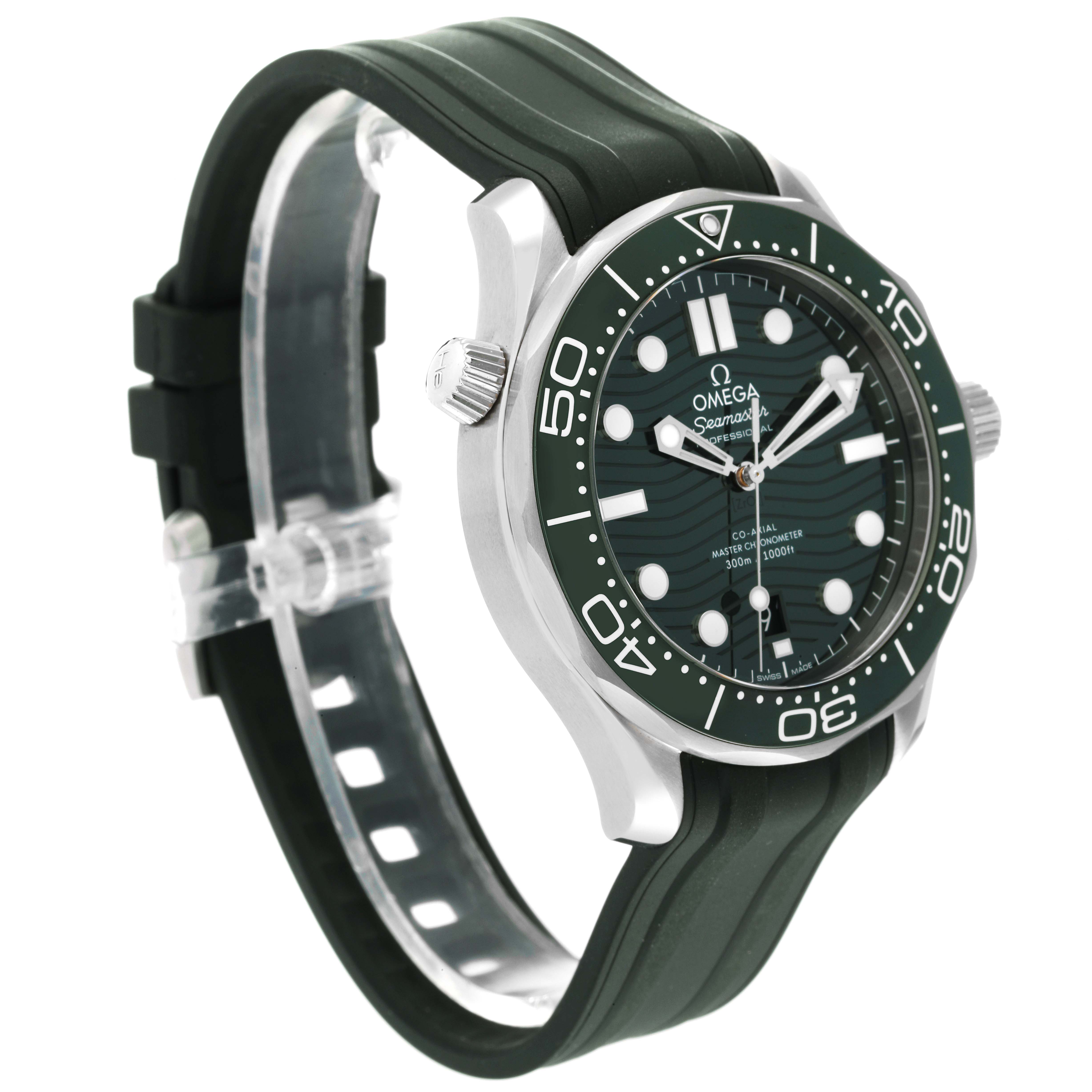 This Omega Seamaster 210.32.42.20.10.001 Men's Stainless Steel Green Dial 210.32.42.20.10.001 Men's Stainless Steel Green Dial model is shown at an angled side view, displaying its dial, bezel, crown, and rubber strap.
