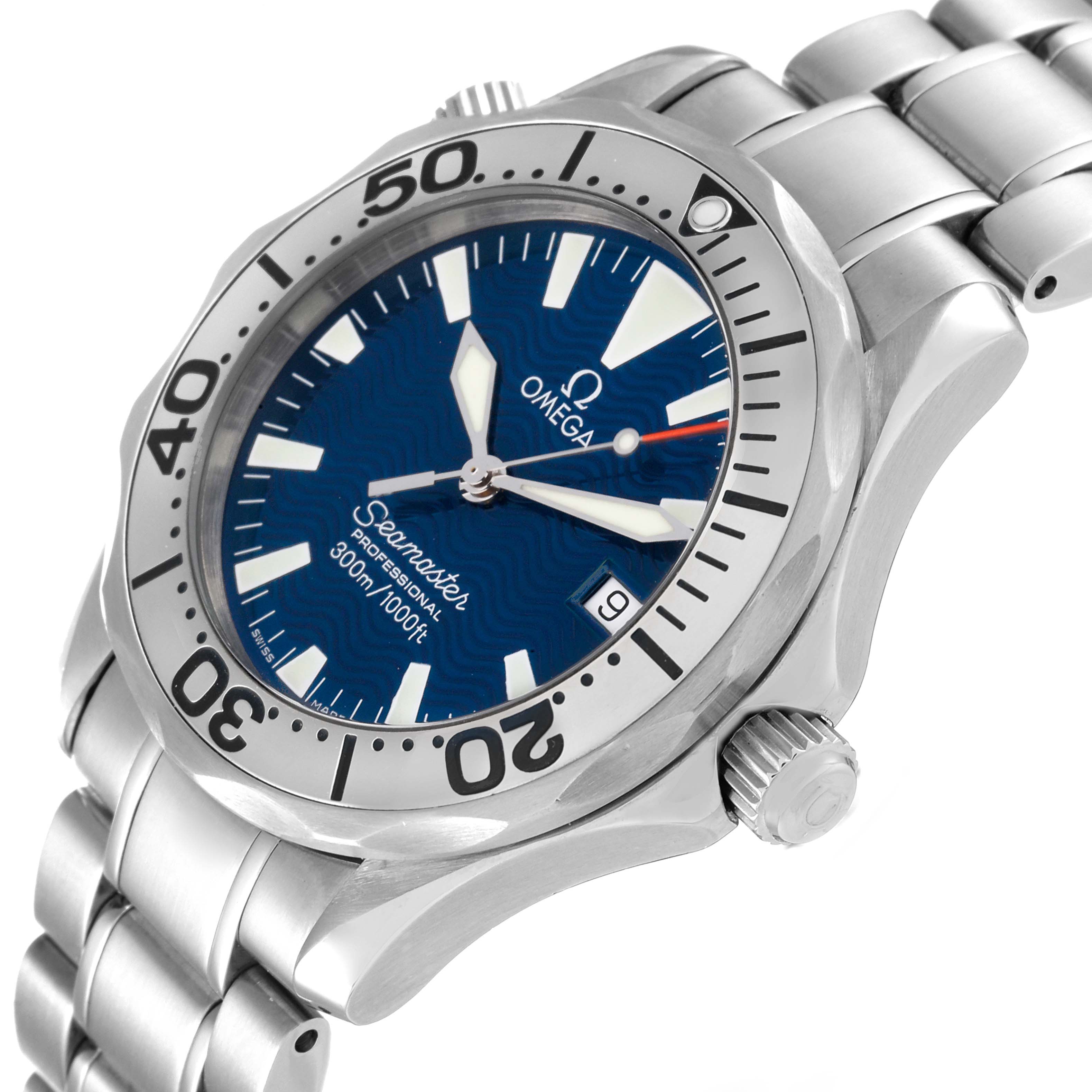 The Omega Seamaster 2263.80.00 Men's Stainless Steel Blue Dial 2263.80.00 Men's Stainless Steel Blue Dial watch is shown from an angled view, highlighting the face, bezel, crown, and part of the bracelet.