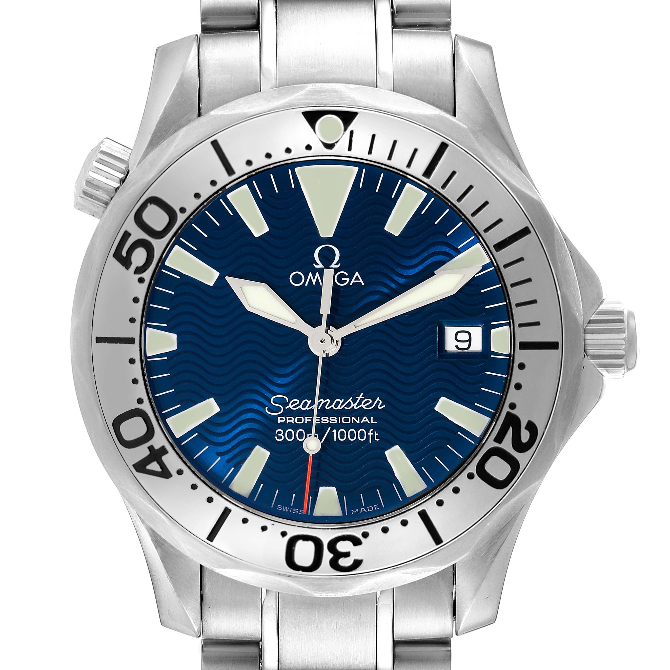 This Omega Seamaster 2263.80.00 Men's Stainless Steel Blue Dial 2263.80.00 Men's Stainless Steel Blue Dial watch is shown from the front, displaying the dial, bezel, crown, and part of the bracelet.
