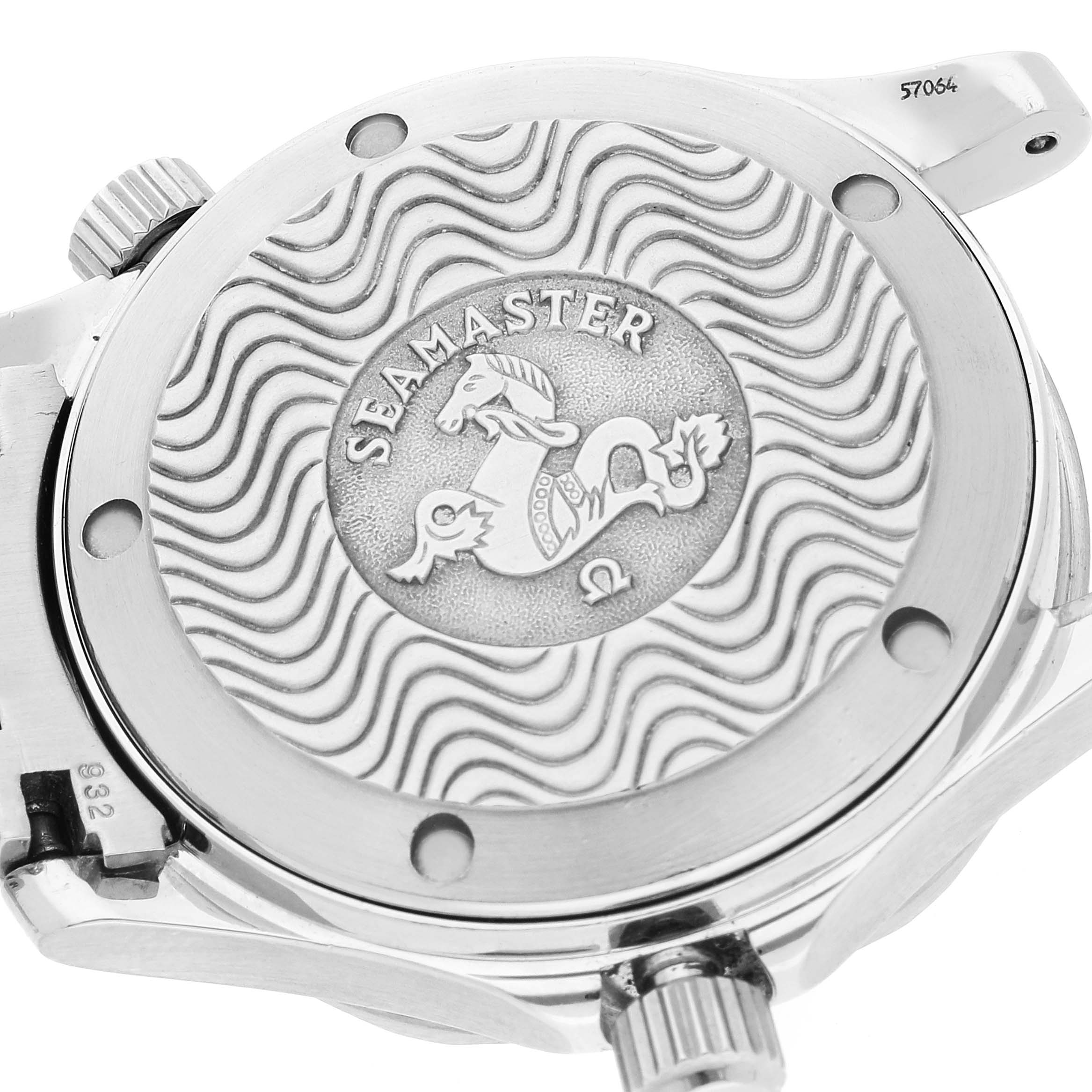 The image shows the case back of an Omega Seamaster 2263.80.00 Men's Stainless Steel Blue Dial 2263.80.00 Men's Stainless Steel Blue Dial watch, featuring its engraved logo and wave pattern.