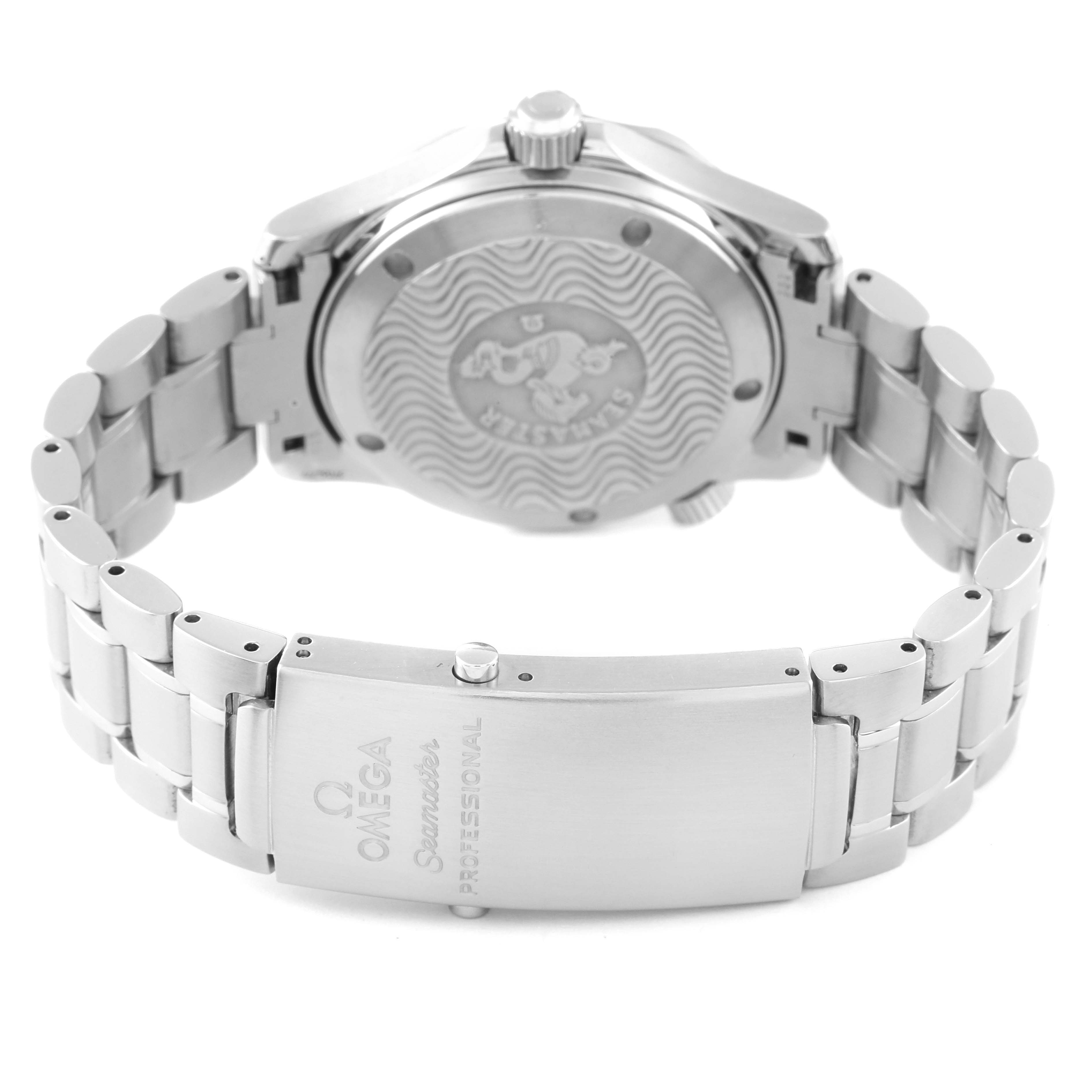 This image shows the case back and bracelet clasp of the Omega Seamaster 2263.80.00 Men's Stainless Steel Blue Dial 2263.80.00 Men's Stainless Steel Blue Dial watch, highlighted from a rear angle.