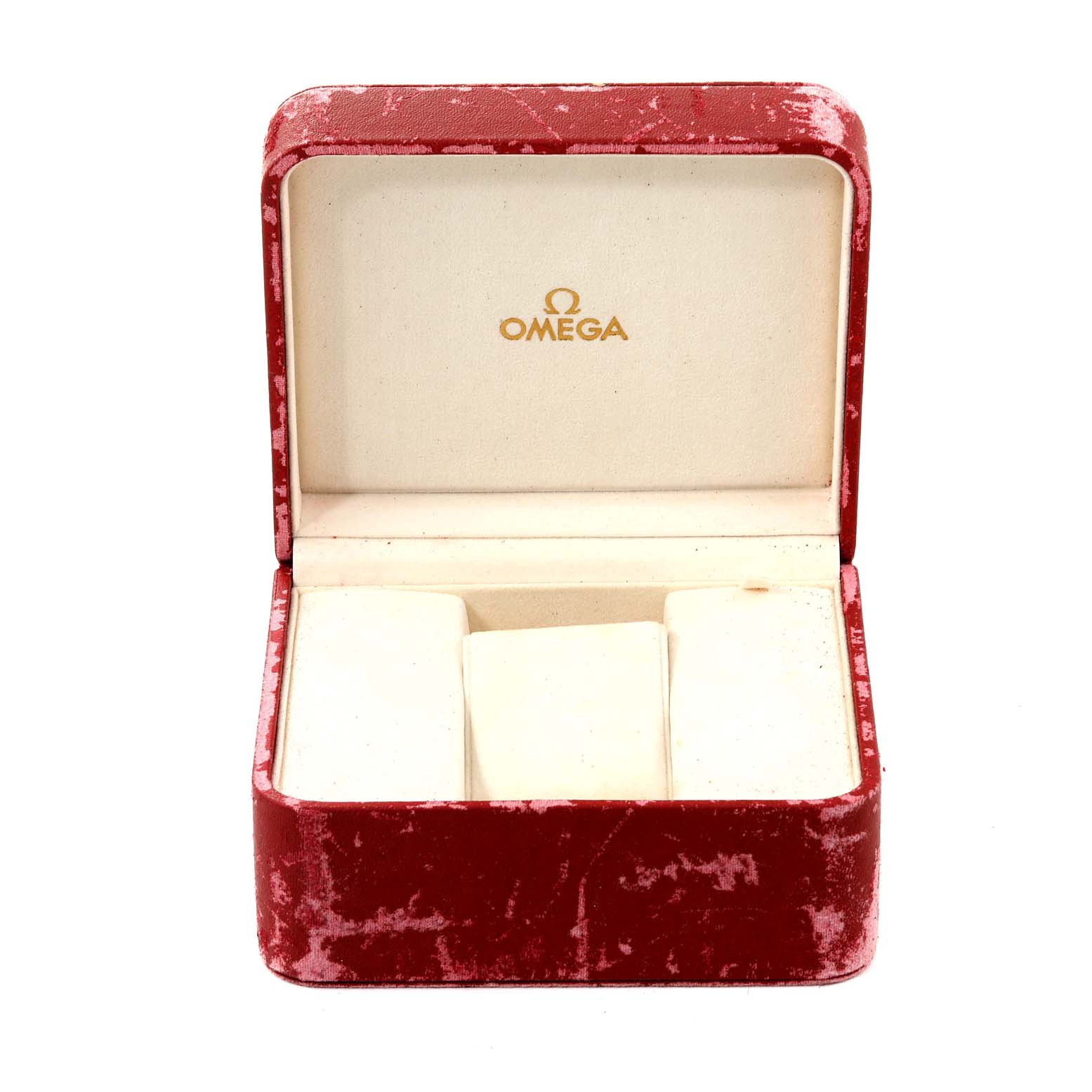 This image shows an open Omega Seamaster 2263.80.00 Men's Stainless Steel Blue Dial 2263.80.00 Men's Stainless Steel Blue Dial watch box from a front angle.