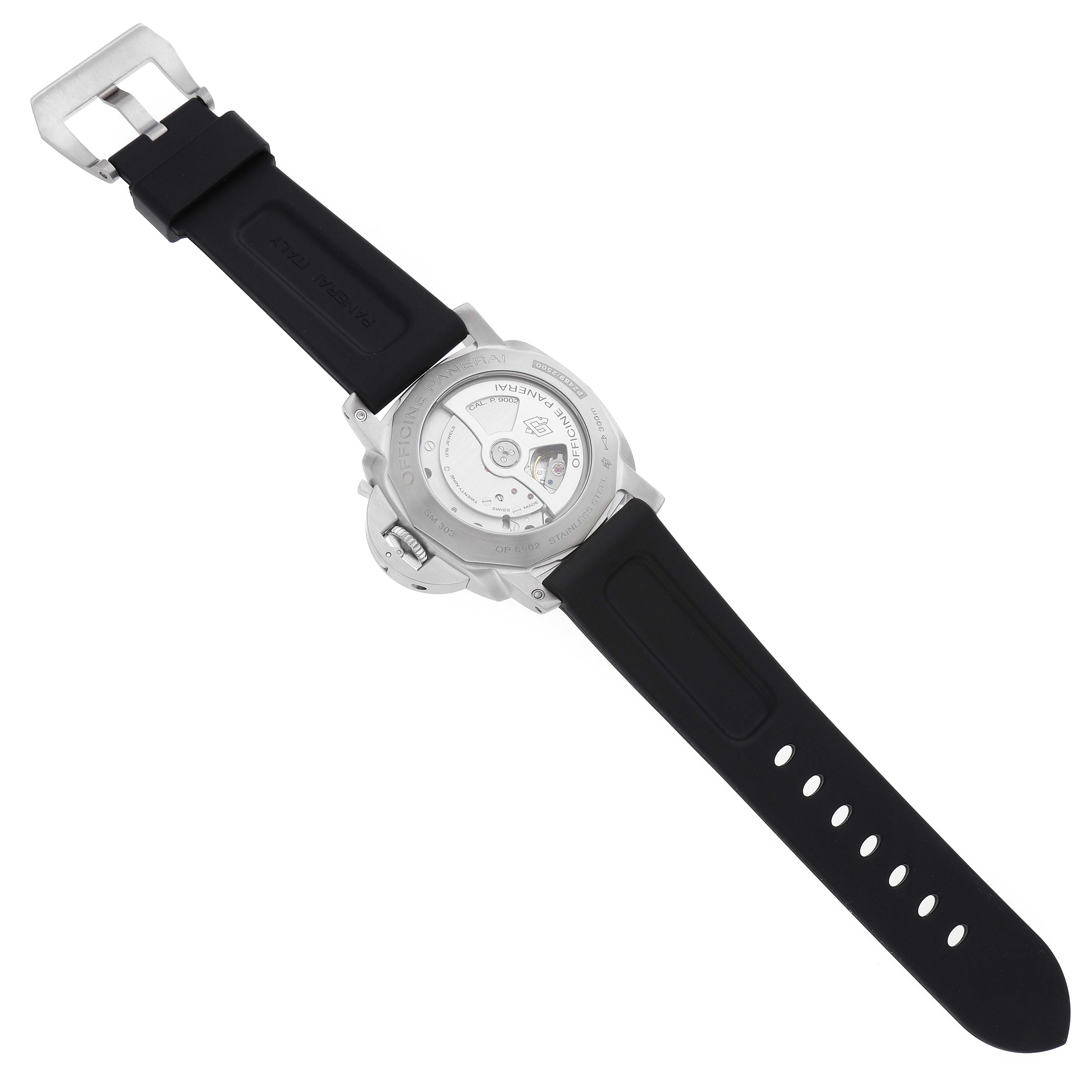 The image shows the back view of a Panerai Luminor PAM00321 Men's Stainless Steel Black Dial watch, highlighting its strap and transparent case back.