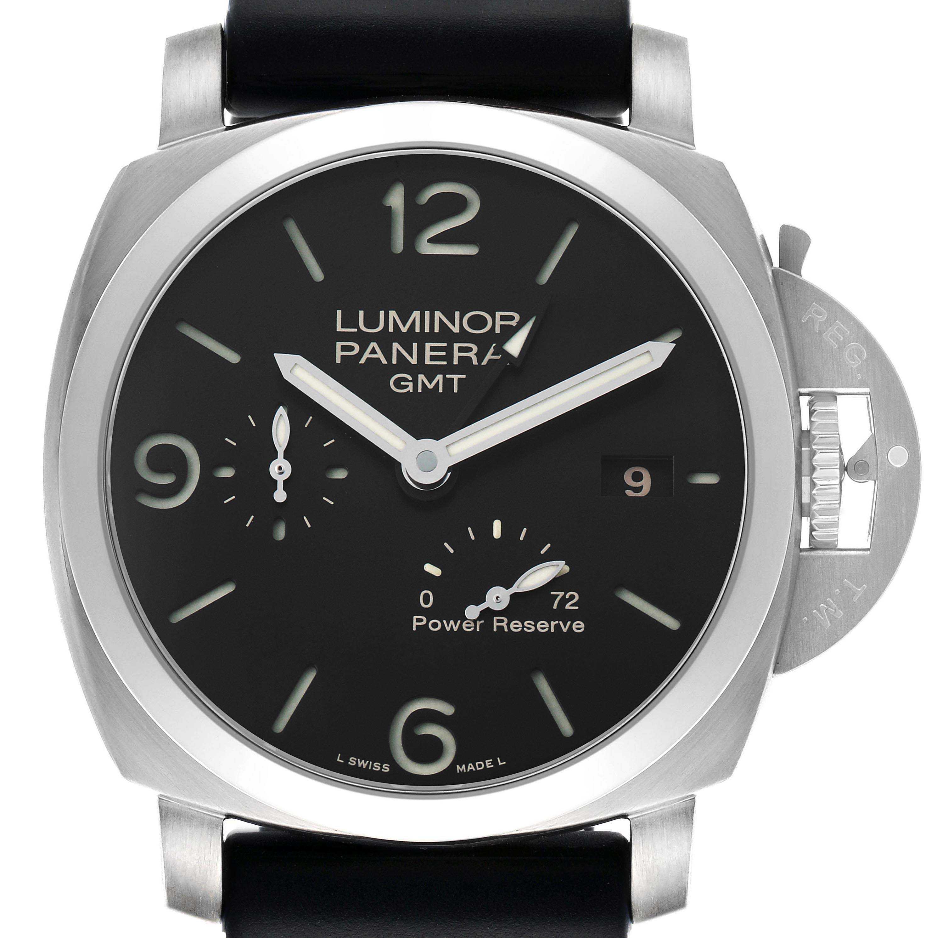The image shows a front view of the Panerai Luminor PAM00321 Men's Stainless Steel Black Dial watch, highlighting the dial, hands, crown guard, and subdials.