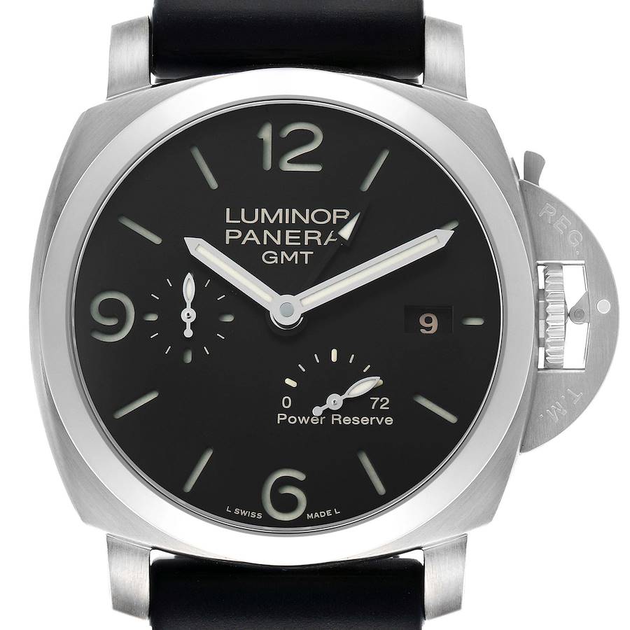 The image shows a front view of the Panerai Luminor PAM00321 Men's Stainless Steel Black Dial watch, highlighting the dial, hands, crown guard, and subdials.