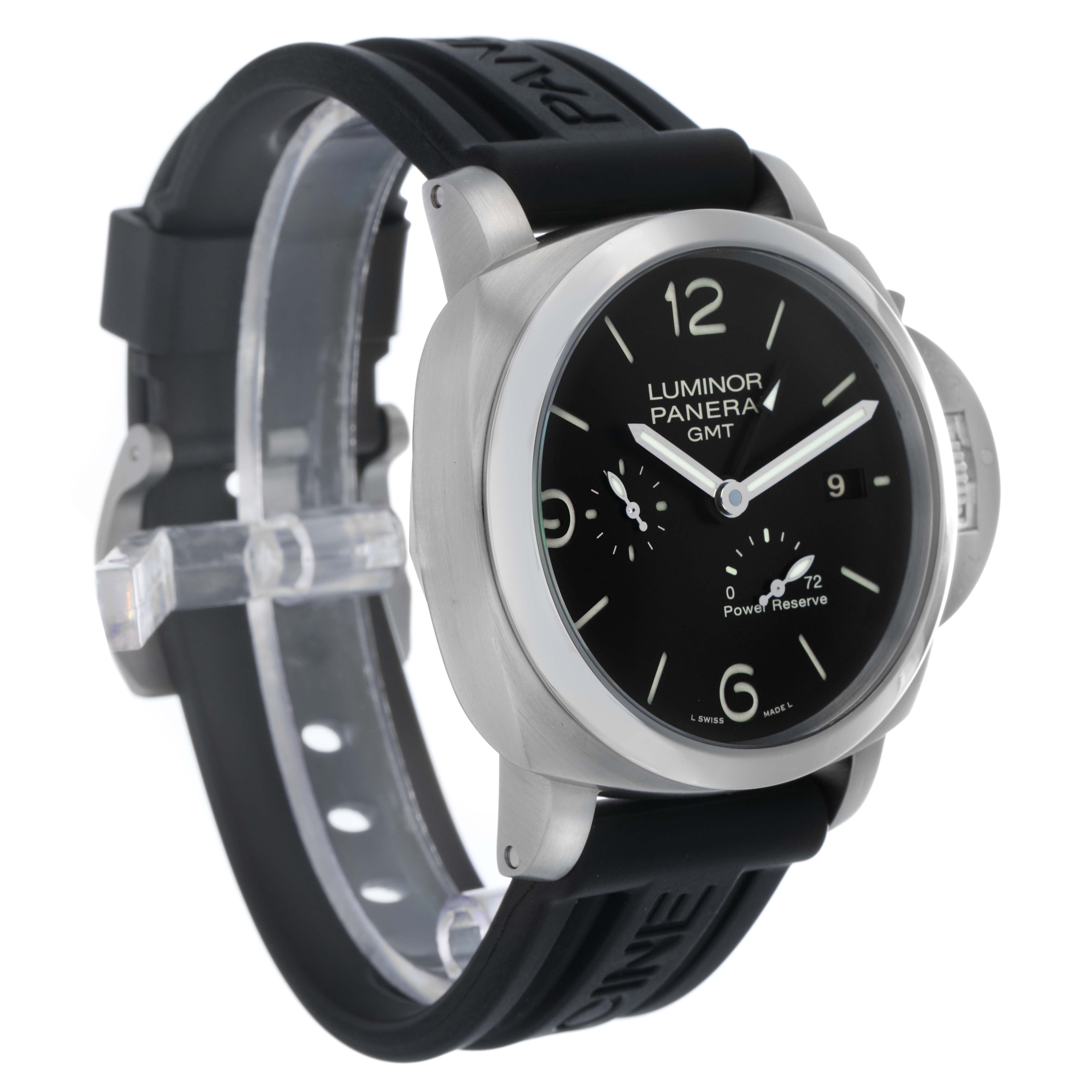 The Panerai Luminor PAM00321 Men's Stainless Steel Black Dial watch is shown at a three-quarter angle, displaying the face, crown, and strap.